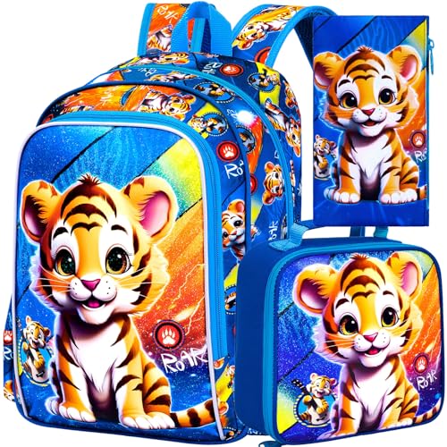 Image of 16 inch Boys Backpack, Kids Bookbag with Lunch Box, 3Pcs Tiger School Backpacks for Elementary Preschool Kindergarten (Blue)
