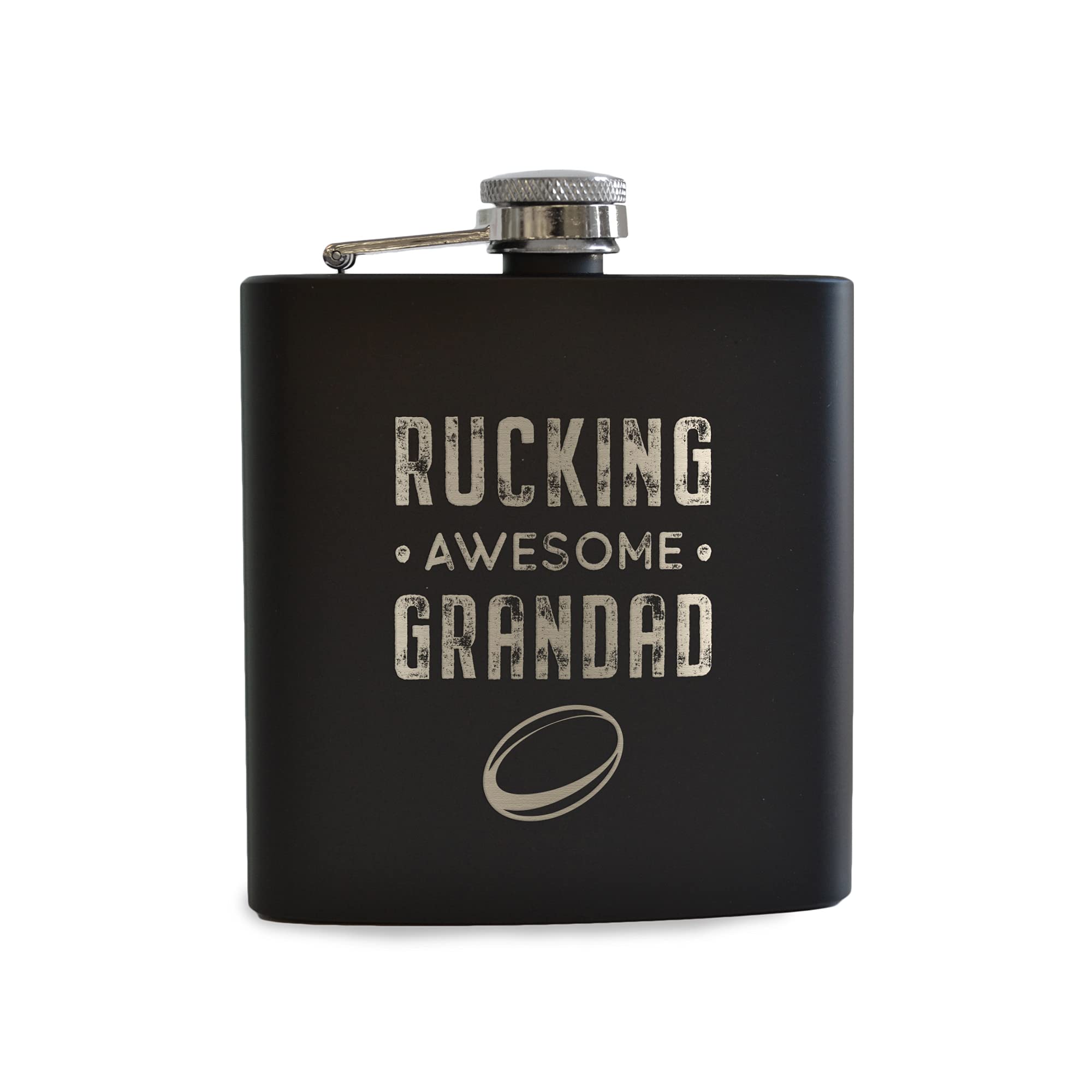 Rucking Awesome Grandad Black Metal Hip Flask - Rugby Gifts for Men - Funny Birthday Present