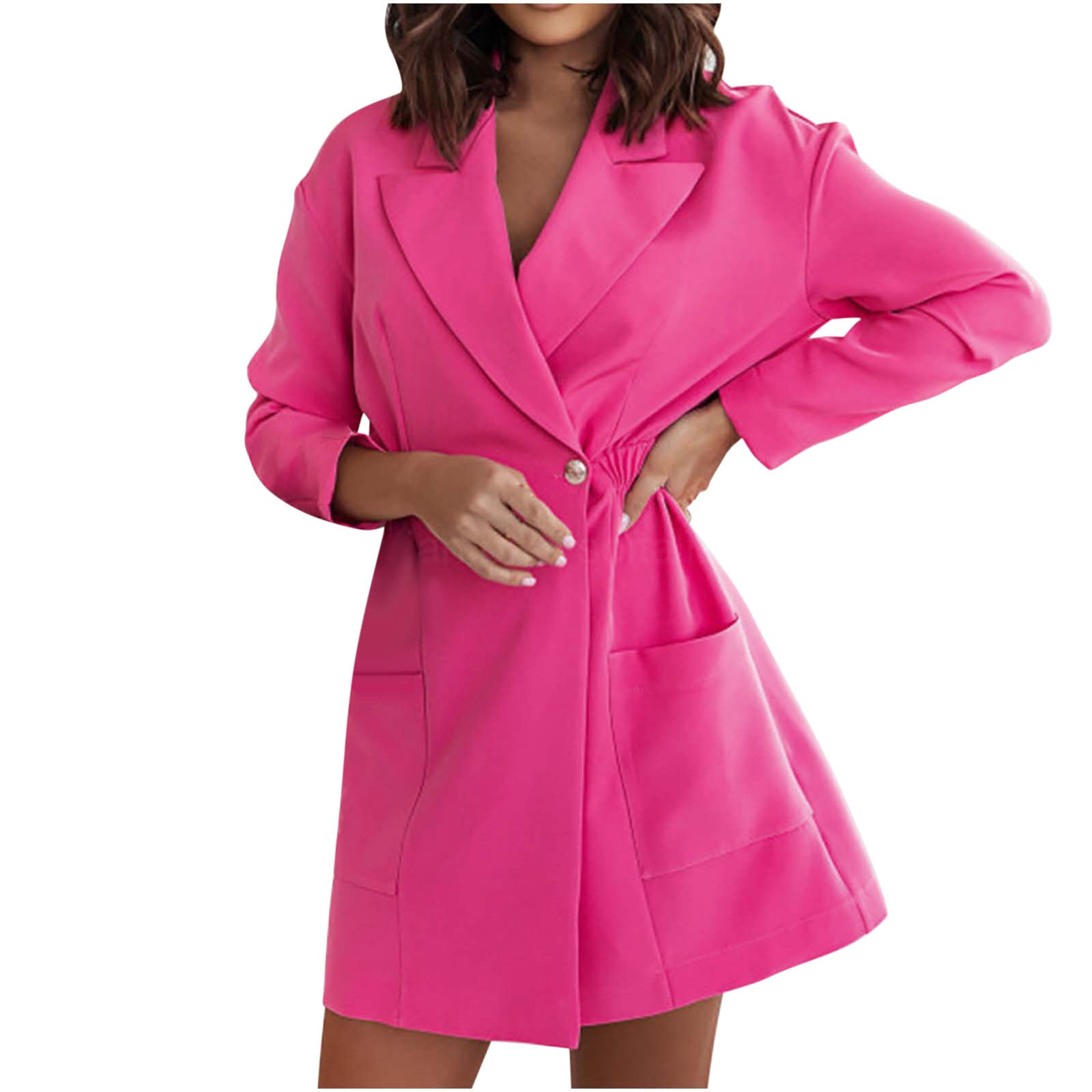 SriperOffice Jackets for Women for Work Belted Jacket Dress for Women Elastic Waist Trench Coat Lapel Neck Blazer Dress