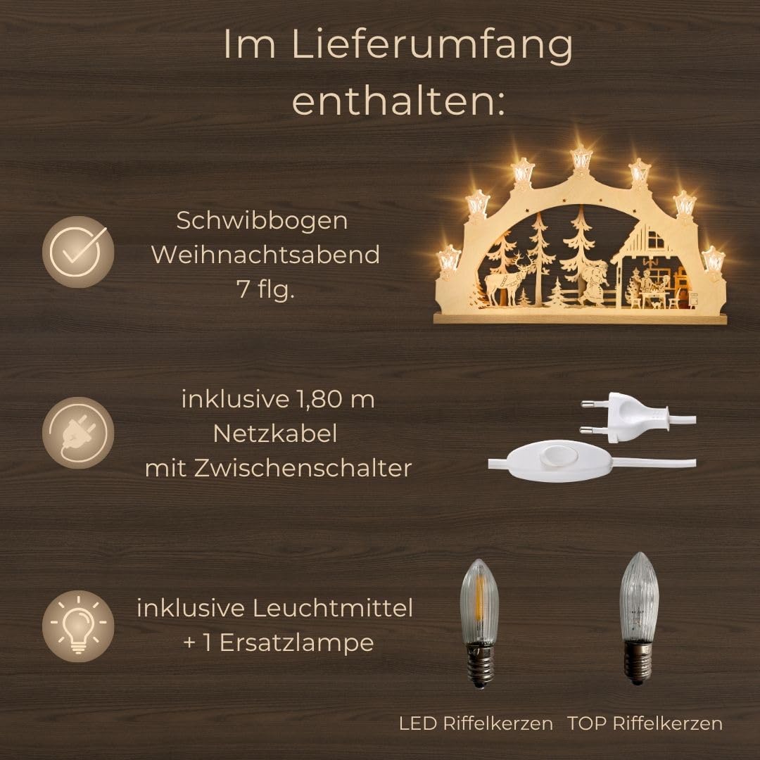 weigla - Schwibbogen original Erzgebirge I LED Lichterbogen Weihnachten I Motiv Weihnachtsabend I 7 Lampenkerzen + 1 Ersatzlampe I 7 x 34 V, 0,2 W, E10 I beleuchtete Weihnachtsdeko