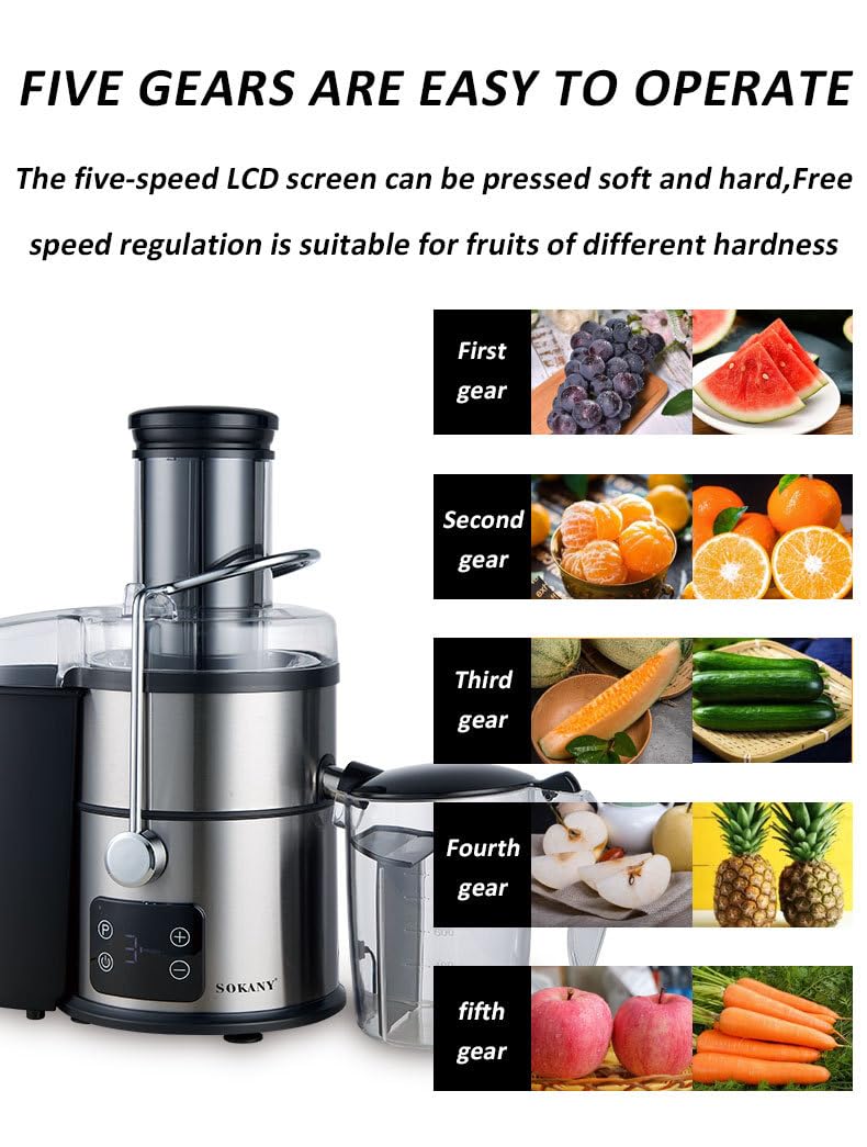 SOKANY 1200W Entsafter Gemüse und Obst, LCD Touchscreen und Quick-Juicer mit optimierter Saftausbeute, Große 85 mm Einfüllöffnung, 5 Geschwindigkeitsstufen, Einfach zu Reinigen, Schwarz/Edelstahl