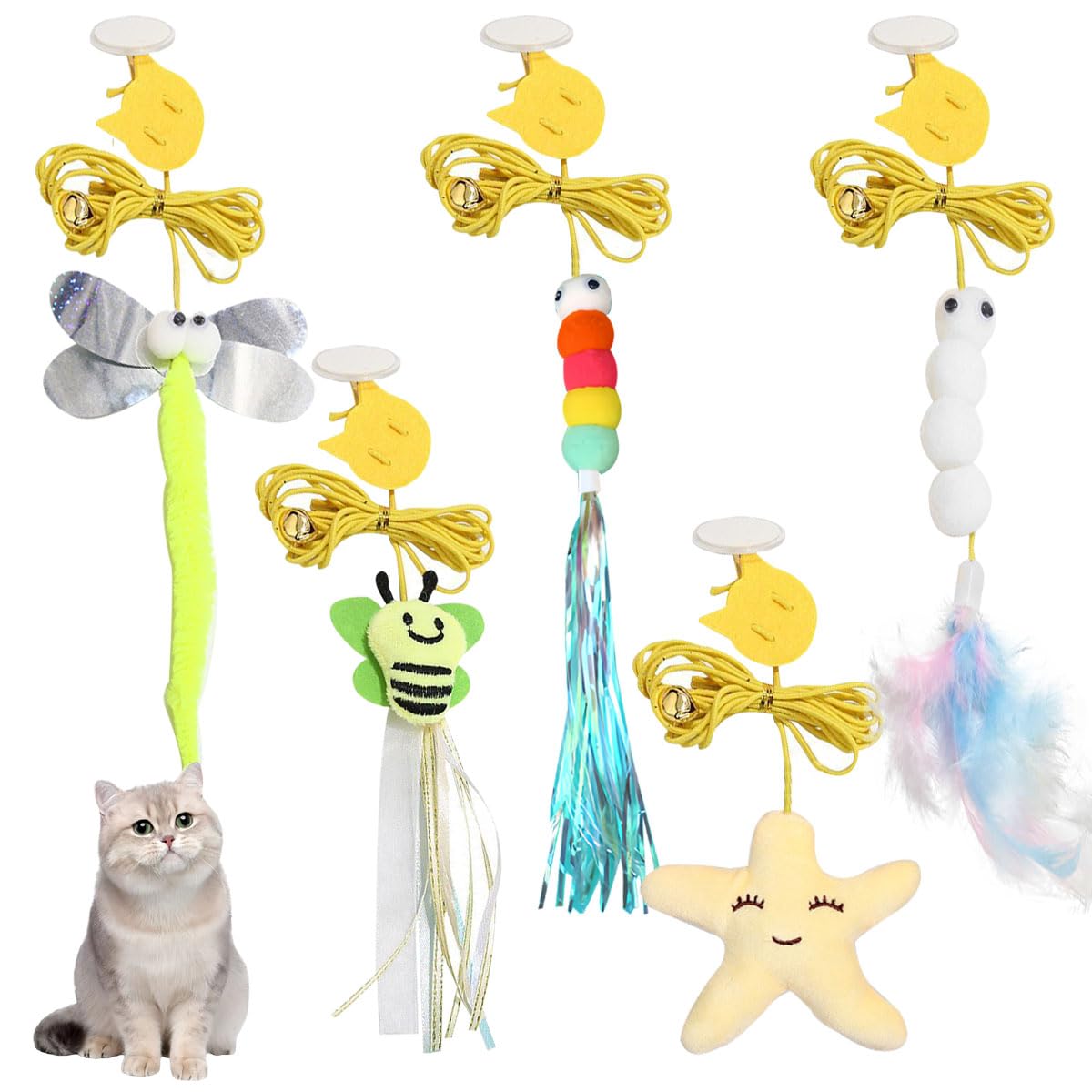 Ainvhh 5 PCS Interactive Cat Feather Toys, Hanging Door Cat Toy Retractable Cat Teaser Toys Indoor Feather Kitten Fun Mental Physical Exercise Kitten Toys