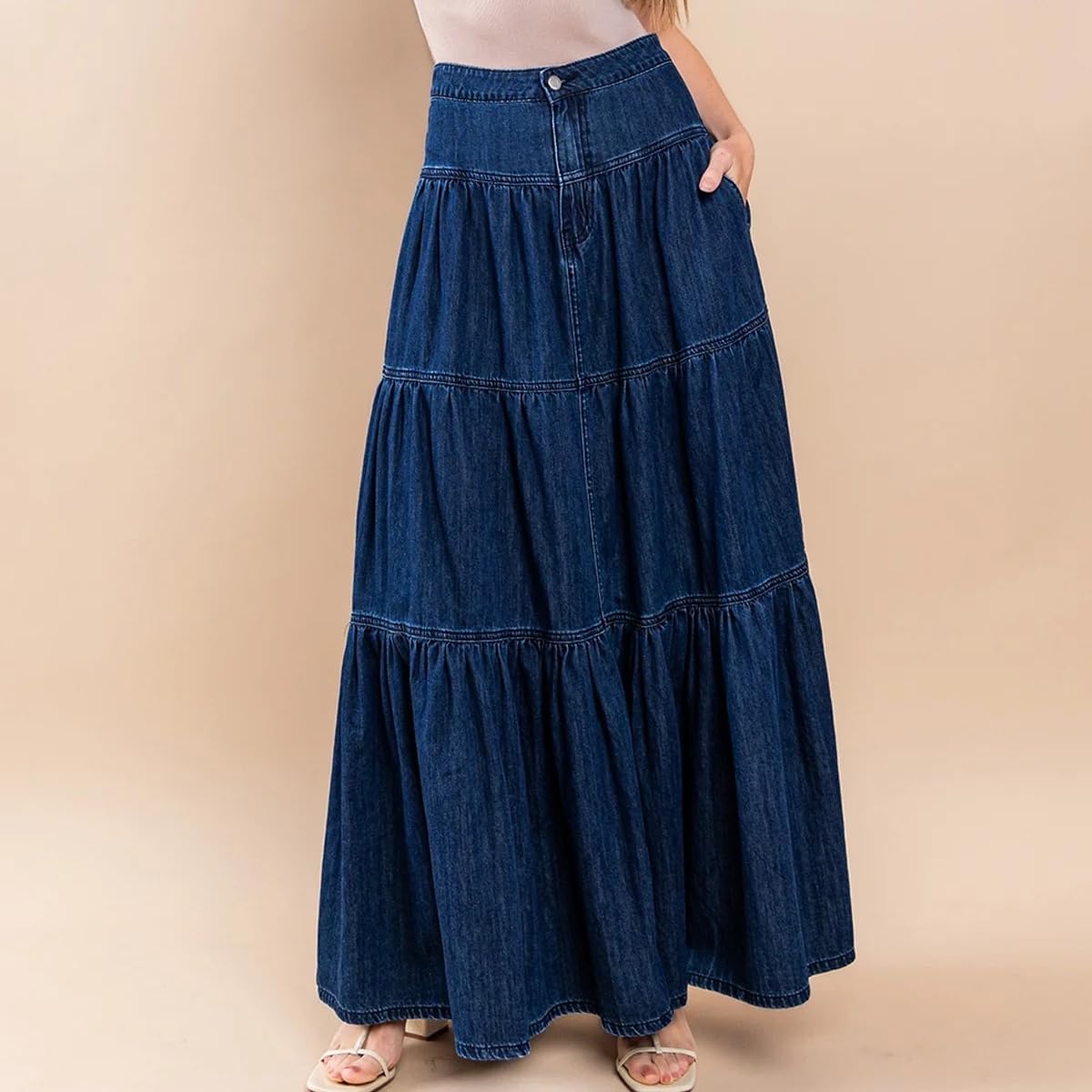 Falda Larga Vaquera De Talle Alto para Mujer con Botones Estilo Bohemio Fluida Plisada con Volantes Y Corte En A con Bolsillos Ideal para Viajes Y Salidas Informales.