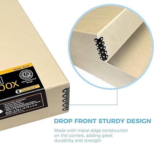 Miniatura 4 de Lineco Museum Archival Caja de almacenamiento, diseño frontal con caída, 9.75 x 12.75 x 3 pulgadas. Libre de ácidos con borde de metal. Organiza