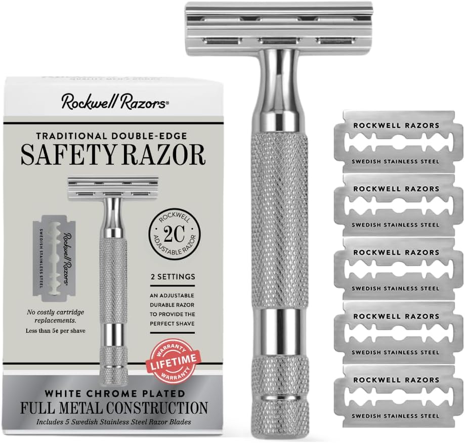2C White Chrome Double Edge Safety Razor With Adjustable Shave Settings and 5 Fully Recyclable Razor Blades. Reusable Safety Razors for Men and Women.