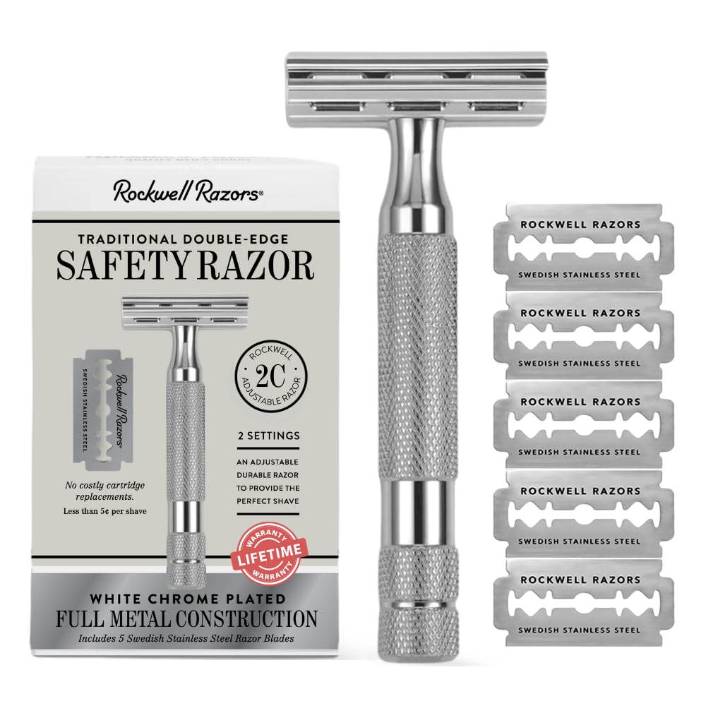 ROCKWELL RAZORS 2C White Chrome Double Edge Safety Razor With Adjustable Shave Settings and 5 Fully Recyclable Razor Blades. Reusable Safety Razors for Men and Women.
