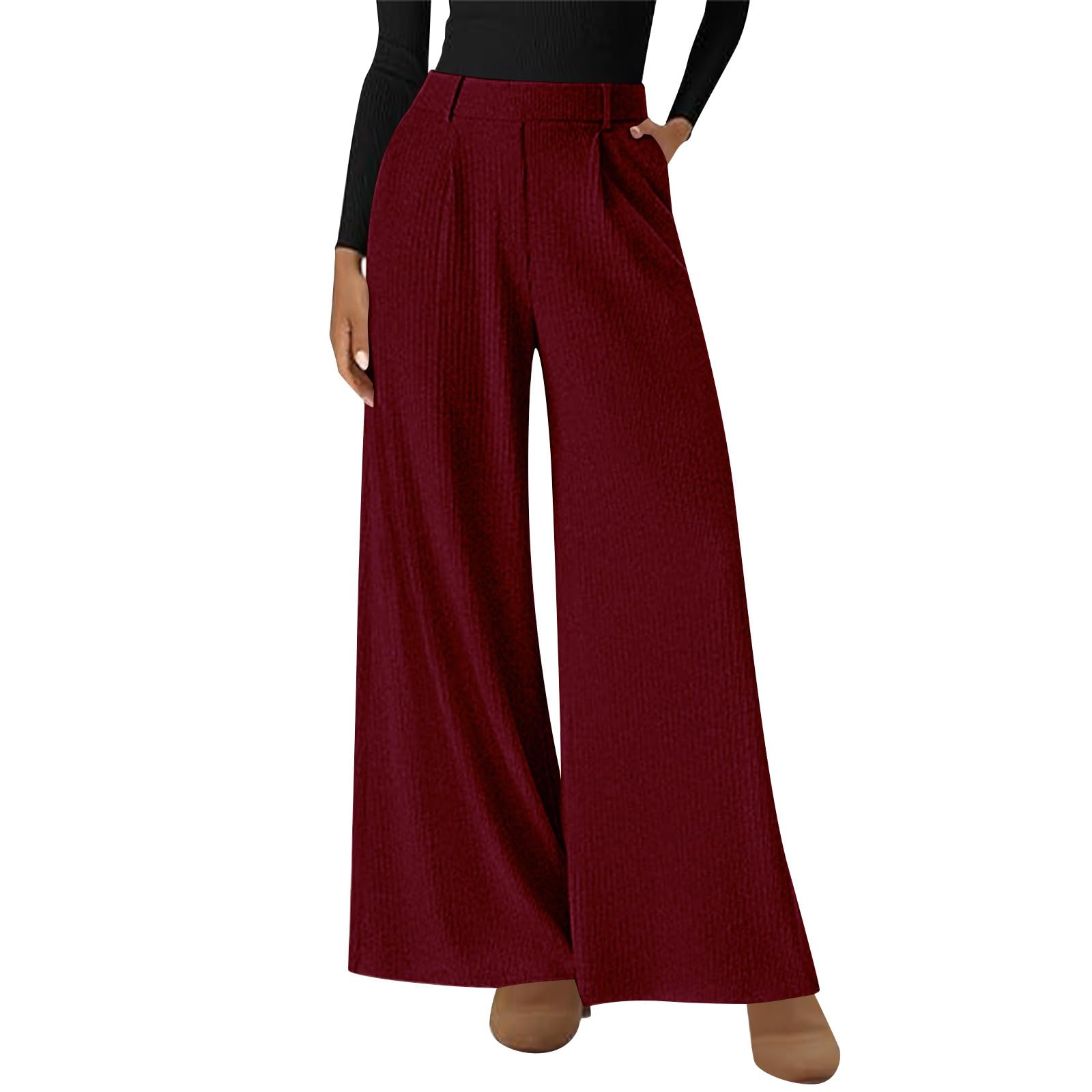 Womens Corduroy Pants High Elastic Waisted Wide Leg Casual Loose Work Pant Comfy with Pockets Fall Winter Trousers