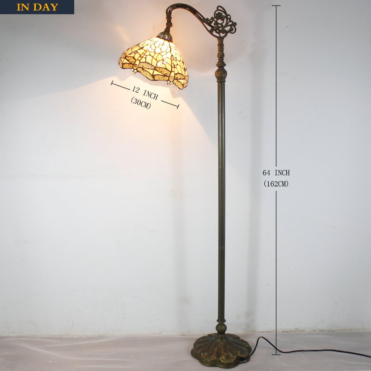 WERFACTORY Tiffany Floor Lamp Cream Stained Glass Dragonfly Arched Lamp 12X18X64 Inches Gooseneck Adjustable Corner Standing Reading Light Decor Bedroom Living Room S139 Series