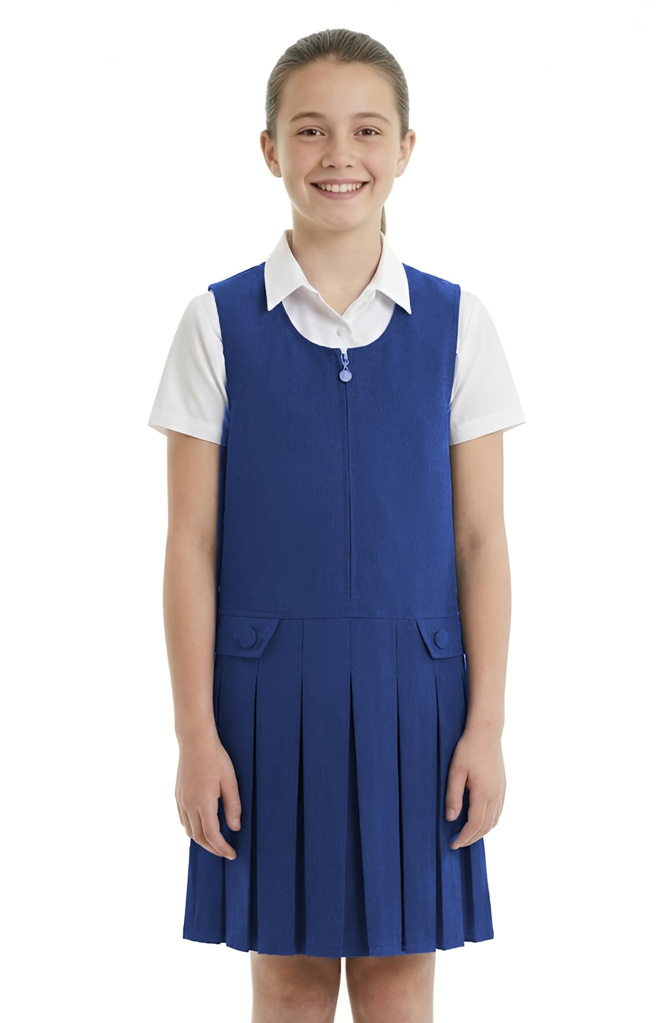 Girls School Pinafore Dress Box Pleated Skirt (6-7 Years, Royal Blue)
