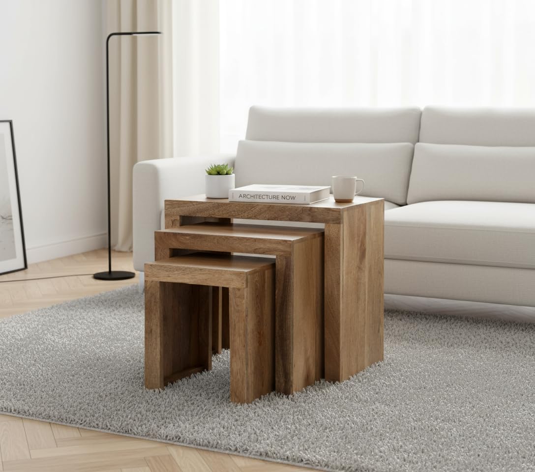Oak & Pine Online Cube Mango Nest of Tables | Solid Mango Wood Nesting Tables | Fully Assembled Wooden Side, Coffee & End Tables | Handcrafted Living Room & Bedroom Furniture Set