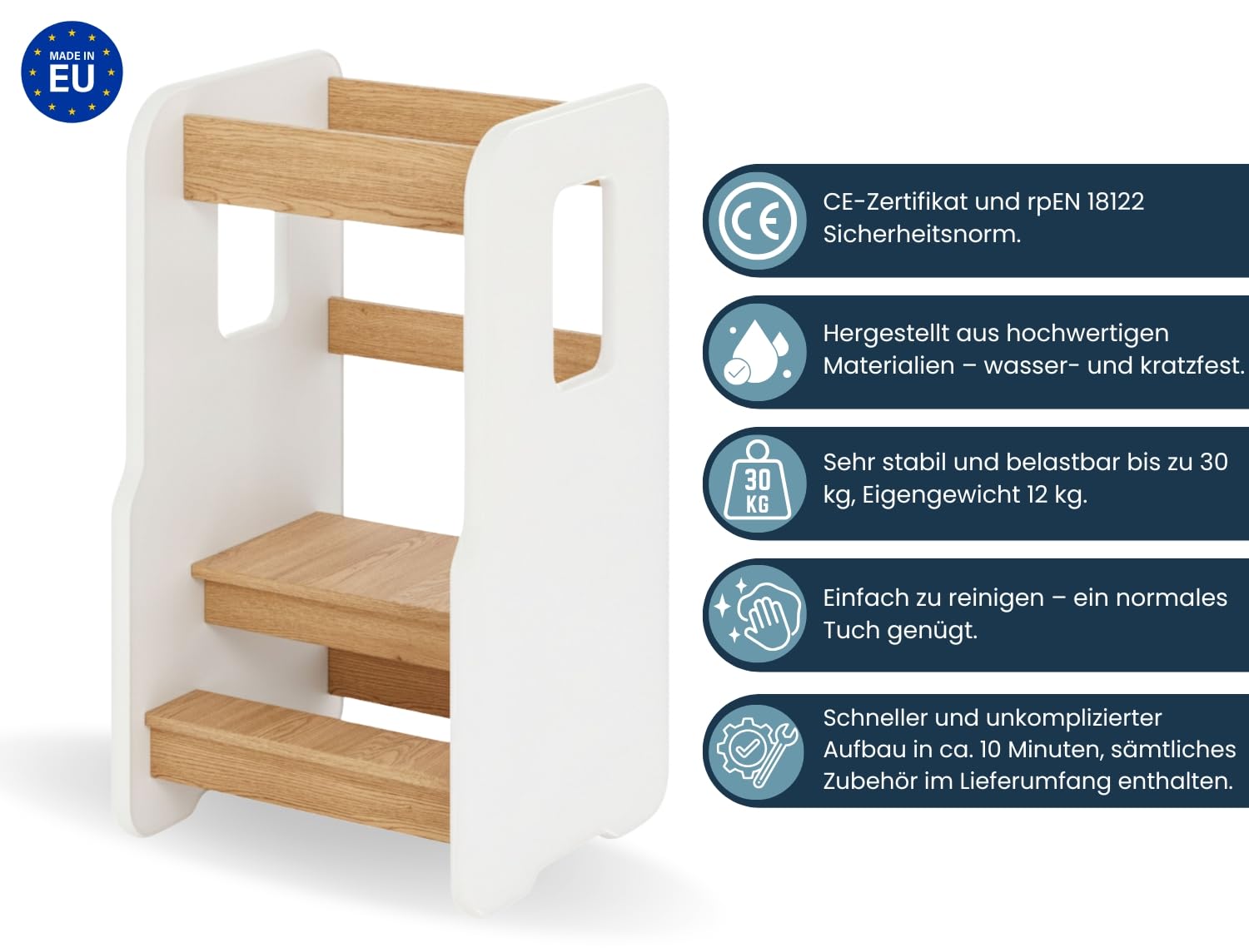 Lernturm ab 1 Jahr, Montessori Learning Tower, Weiß/Eiche | 3-stufig Höhenverstellbarer Lernturm für Kinder, Kinderstuhl Holz, Sicherer & Stabil Tritthocker Kinder, Tritthocker