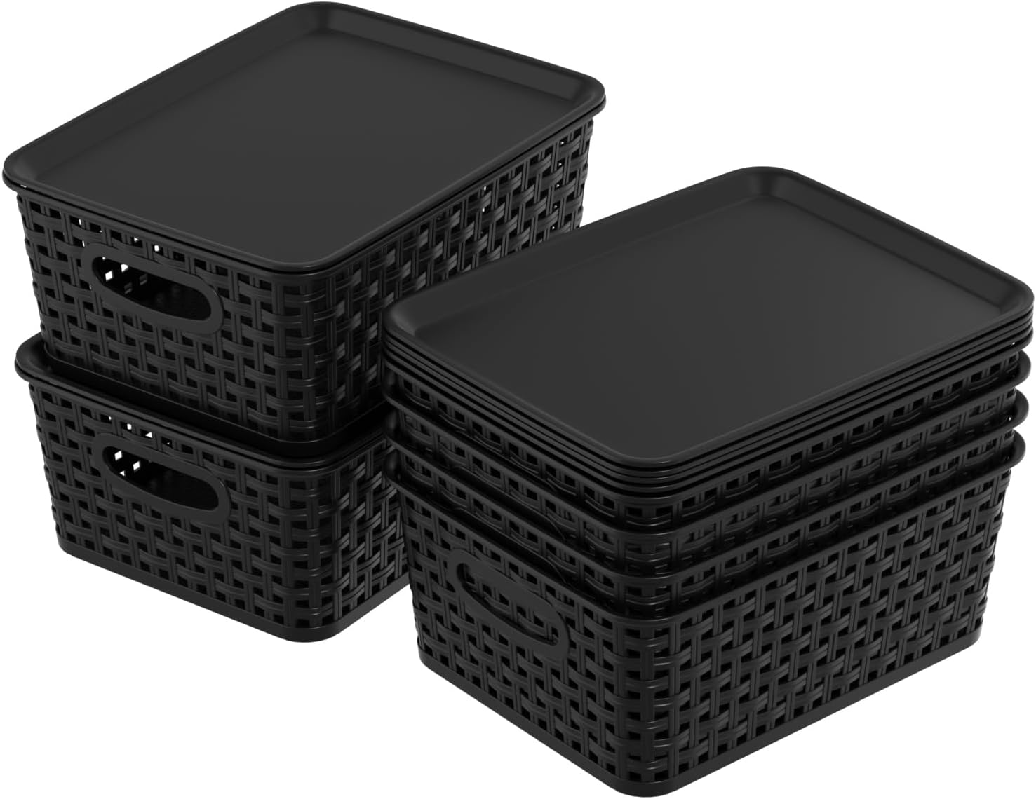6 Pack Storage Basket with Lid, Lidded Storage Bins, Black | Woven Grid Plastic Basket, Matching Dust-Proof Lid, Shelf Basket for Bathroom, Classroom, Office