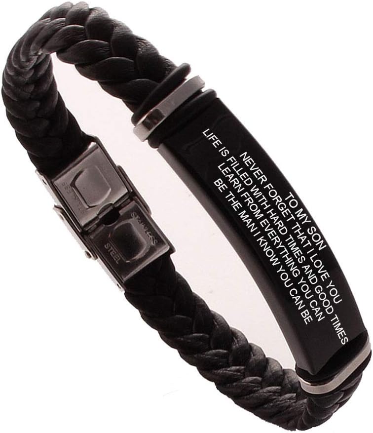 DEO JEWELRY to My Son Stainless Steel and Braide Leather Bracelet Personalized Free Engraving Inspiration Bracelet (Black/Custom)