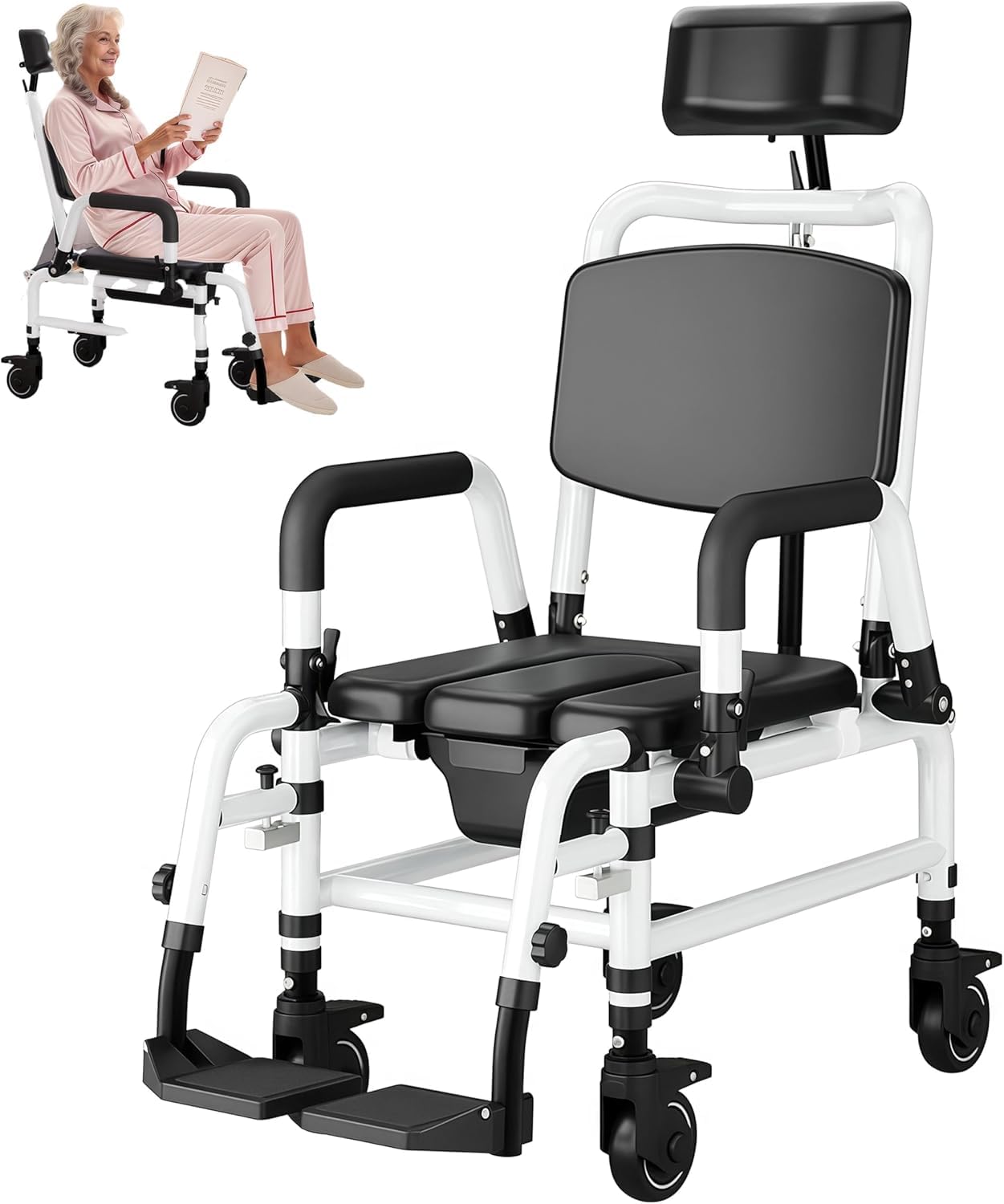 GZGHRZQS 4-In-1 Shower Chair with Wheels, Commodes For Disabled And Elderly, Wheeled Shower Chair, Locking Brakes, Detachable Arms & Footrests, Removable Bucket