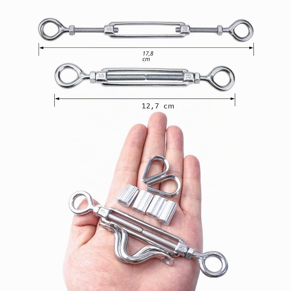 TooTaci 3mm Câble Métallique 60M Câble en Acier Inoxydable avec M5 Tendeurs de Fil pour Rambarde, Garde-Corps, Étendoir à Linge, Guirlandes Lumineuses Extérieures