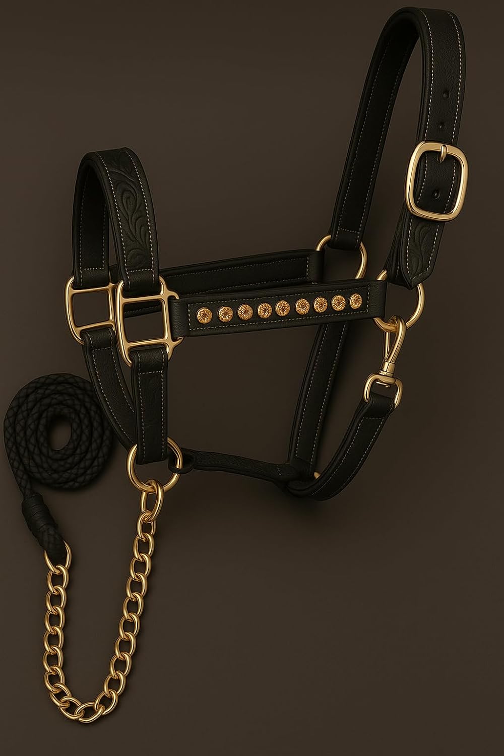 Handcrafted Leather Horse Halter – Tooled Design with Crystals, Cushioned Padding, Adjustable Fit, Chain Lead Pony M20