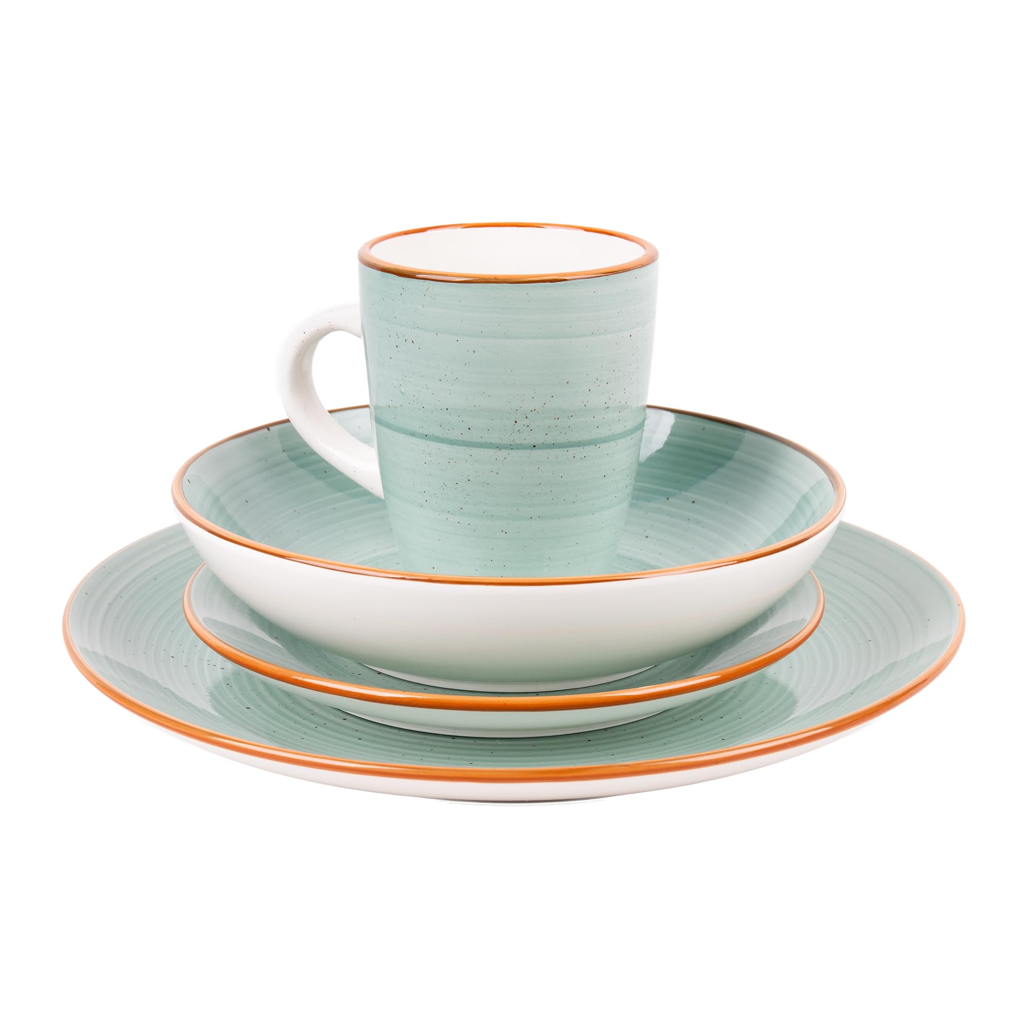Cofan Vajilla de cerámica color verde agua pintada a mano | Set de 16 piezas | Apta para lavavajillas, microondas y horno
