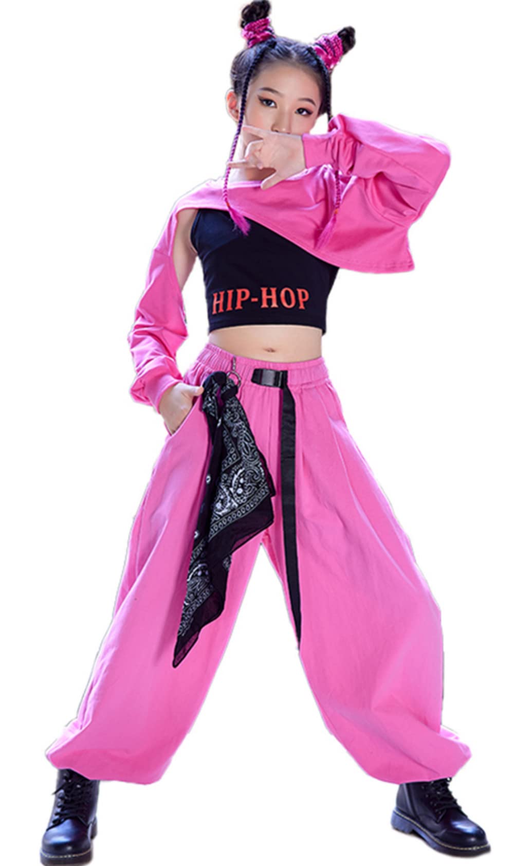 Amazon.co.jp: 女の子 ジャズダンス衣装 ピンク 長ズボン 臍出し上着