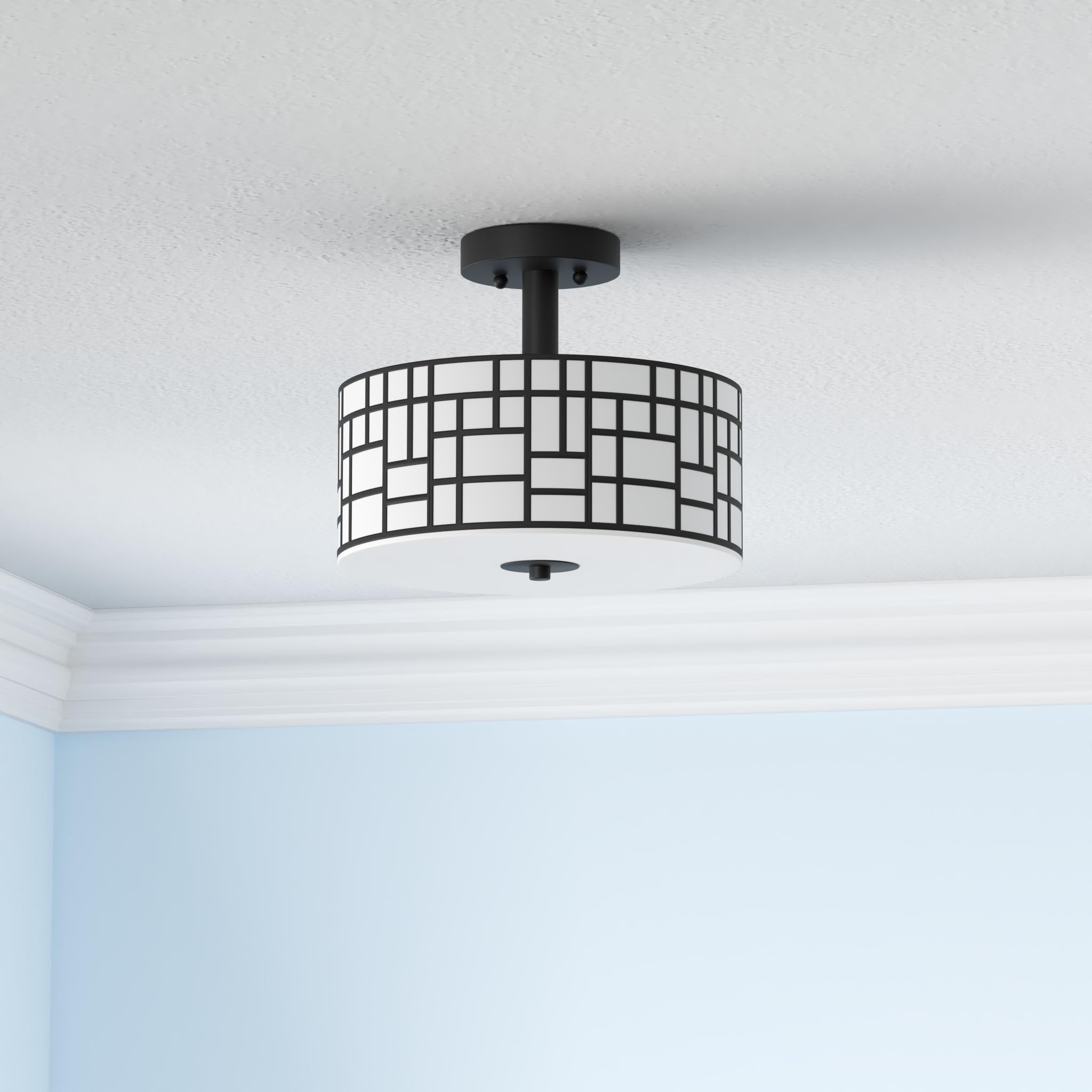 Lámpara de techo semiempotrada con patrón rectangular negro con pantalla de tambor para uso en interiores, sala de estar, comedor, cocina, lámparas de araña modernas, acabado cromado 2