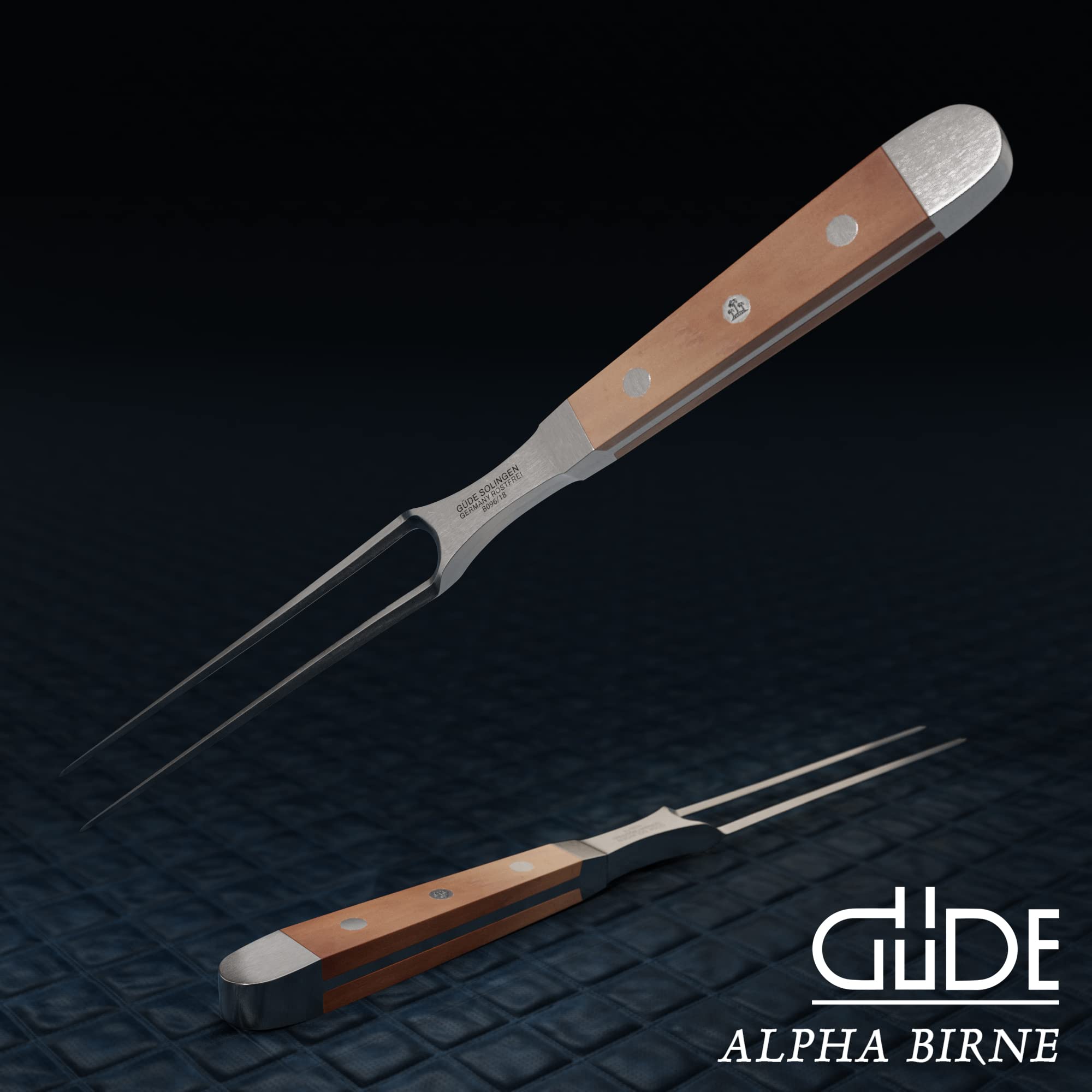 Güde Solingen - Tenedor de carne forjado, 18 cm, madera de peral, ALPHA-BIRNE - doble virola, Hecho a mano en Alemania