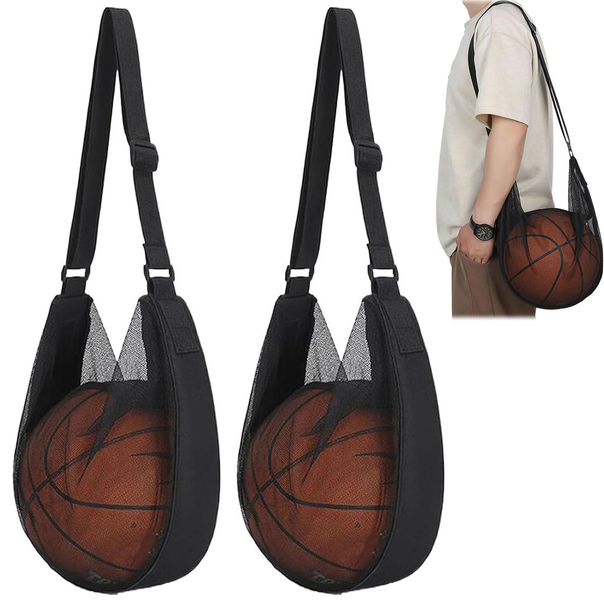 2 Piezas Red Balones Mochila Baloncesto, Negro Bolsa De Red para Balone para Fútbol Tenis, Mochila De Entrenamiento Bolso Bandolera Ajustable