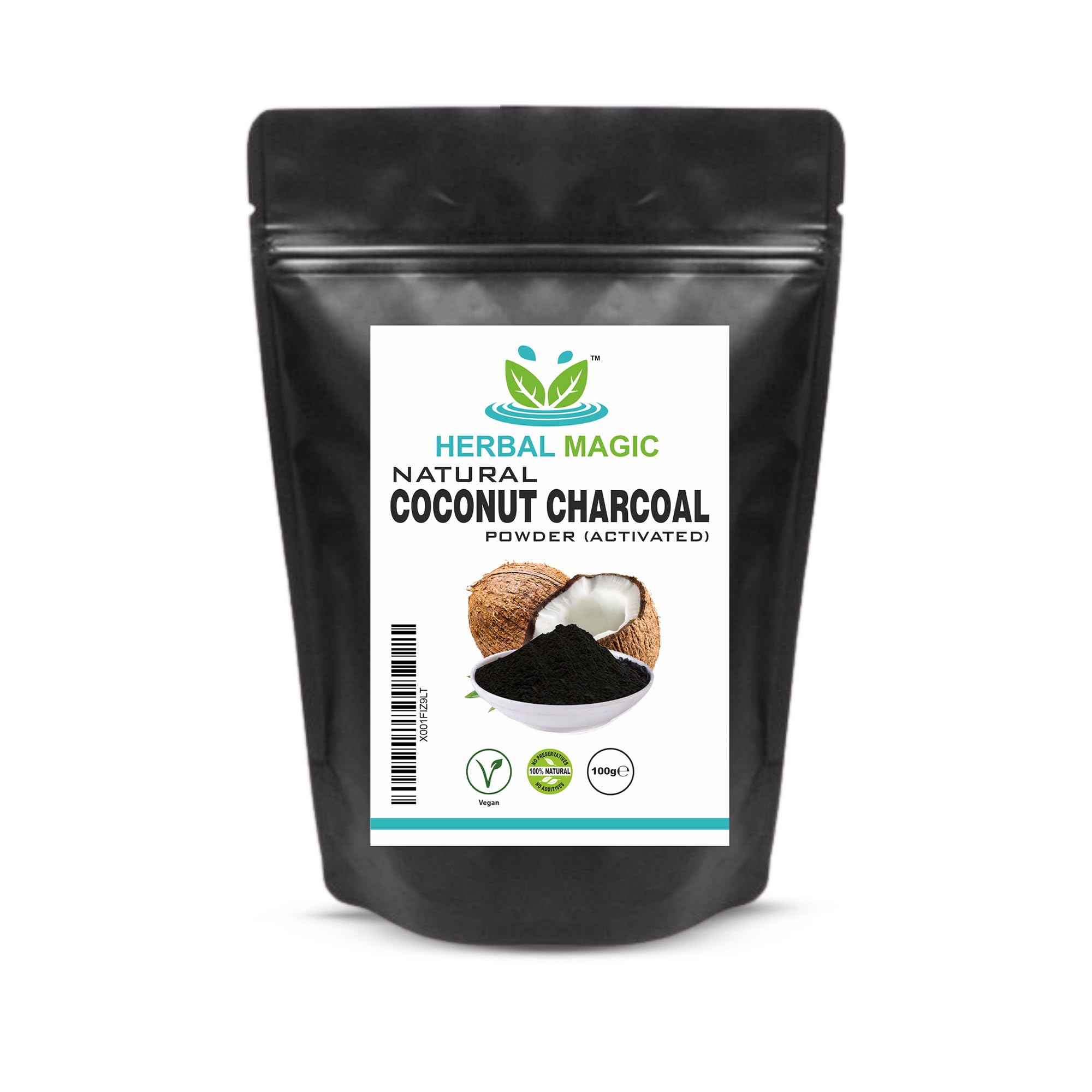Herbal Magic Activated Coconut Charcoal Powder Food Grade Quality Excellent Detoxifying, Cleansing Properties Naturally Supports Skin, Body Care & Oral Care,UKAS LAB Tested in The UK-100g