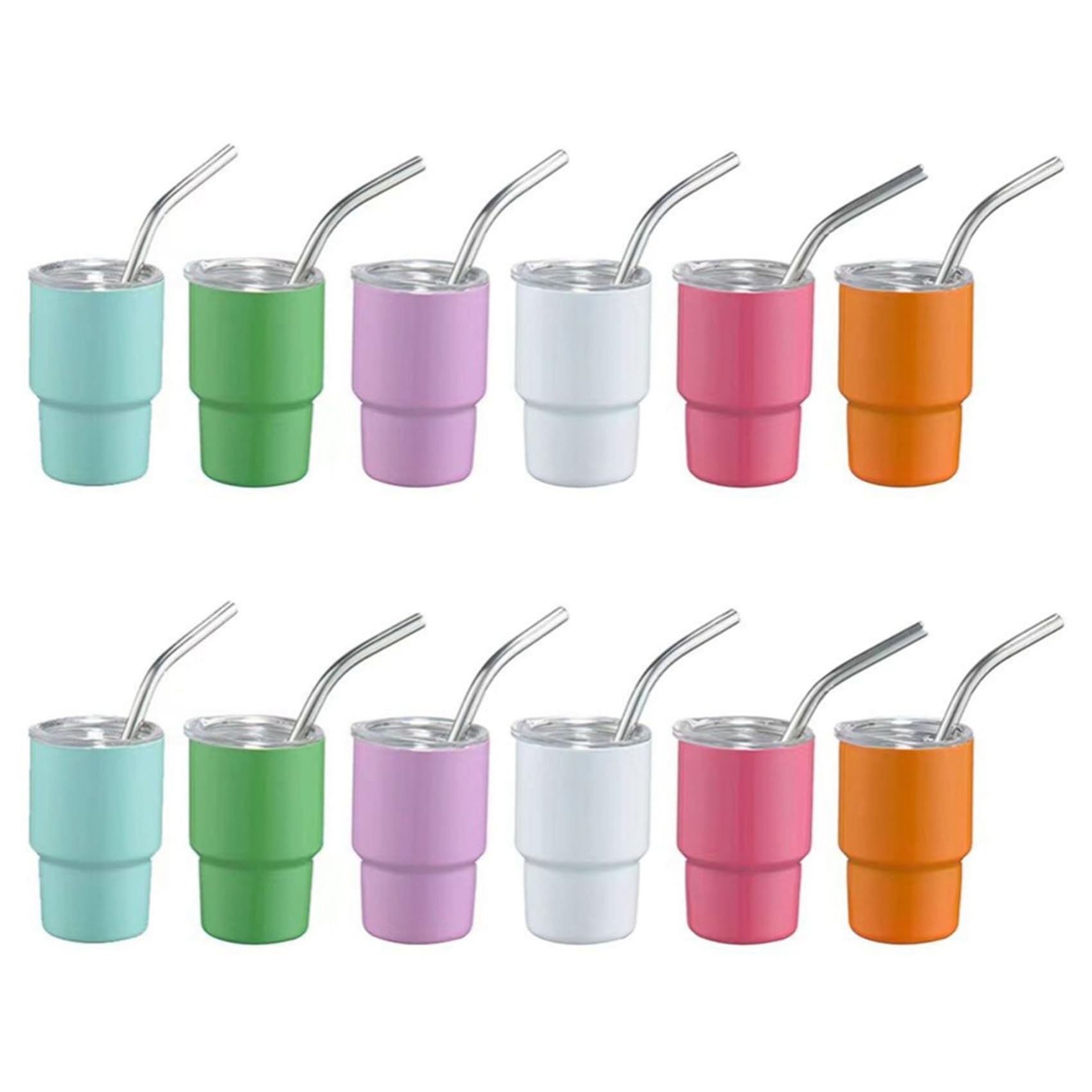 Mini Shot Glasses Set 12x Double-Walled Steel 3oz Lids & Straws
