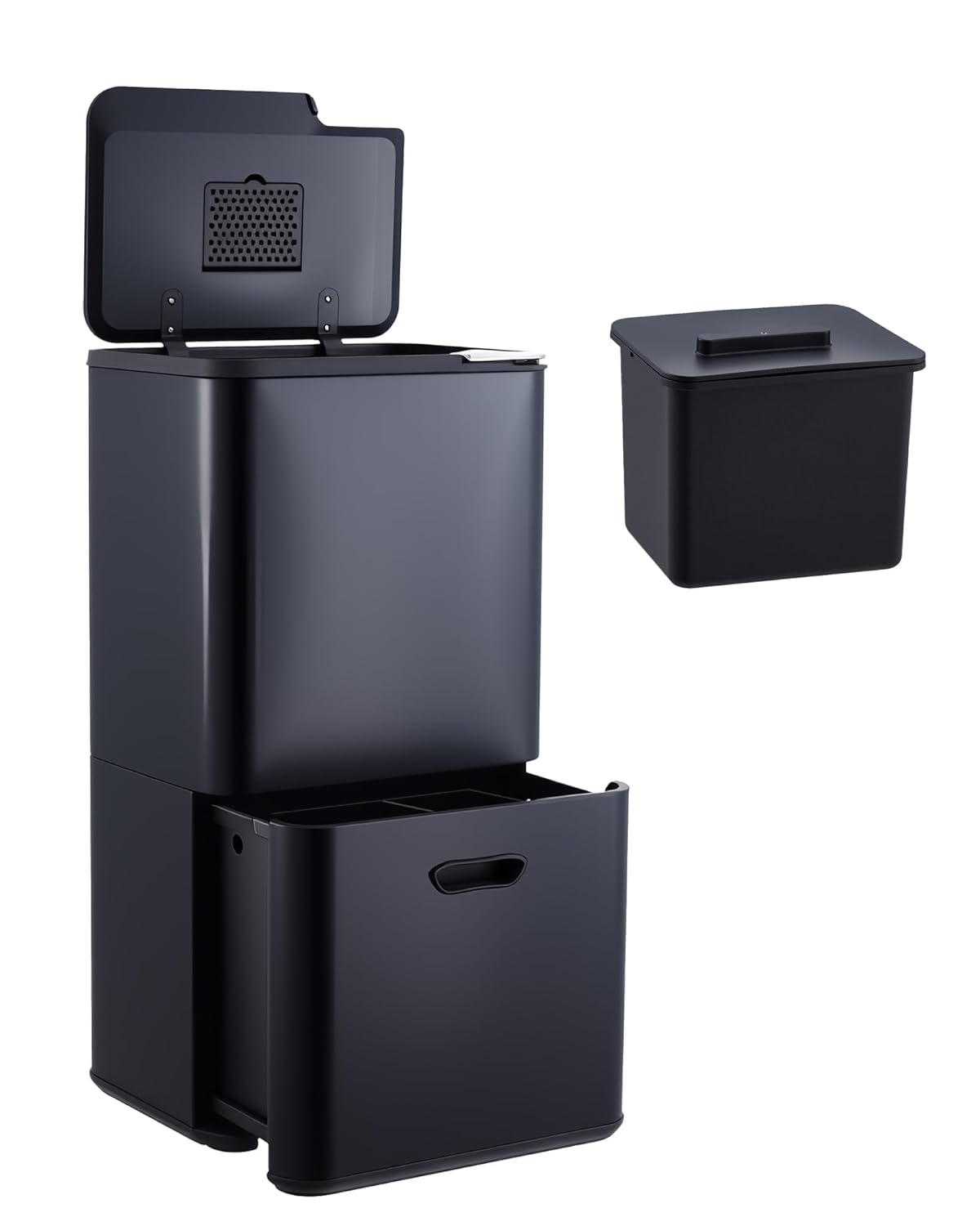 16 Gallon Dual Trash Can, 2 Compartment Stainless Steel Garbage Can with Compost Bin, Plastic Inner Bucket & Odor Control, 33L + 27L Kitchen Recycling Bin Combo for Home Office
