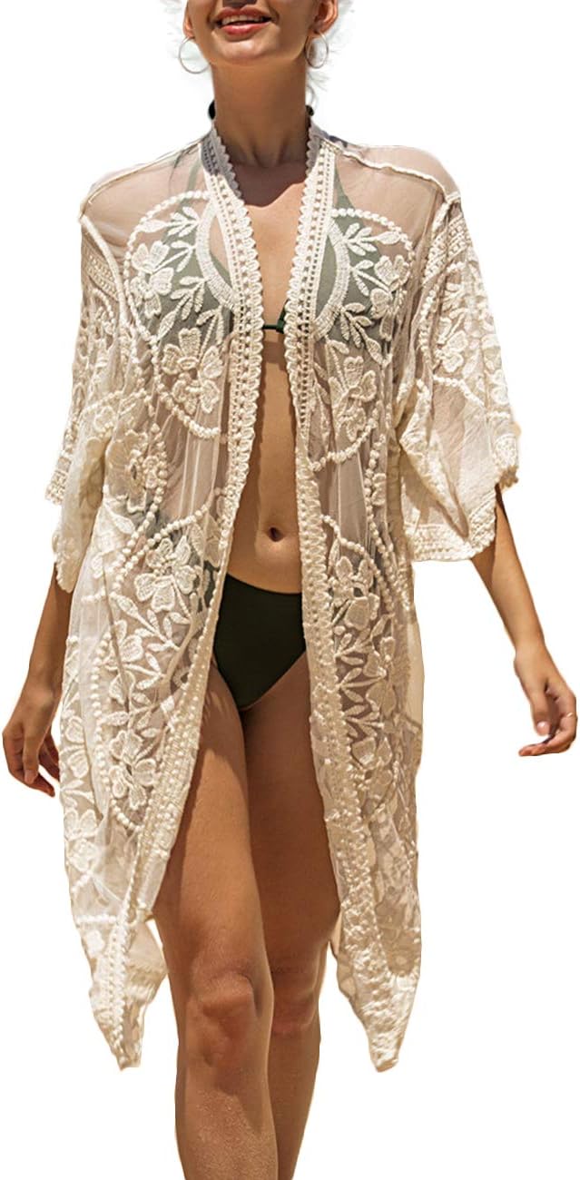 Women's Lace Cardigan Floral Crochet Sheer Beach Cover Ups Long Open Kimono