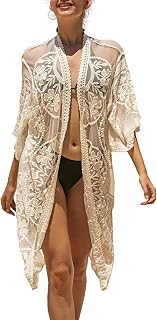 Women's Lace Cardigan Floral Crochet Sheer Beach Cover Ups Long Open Kimono