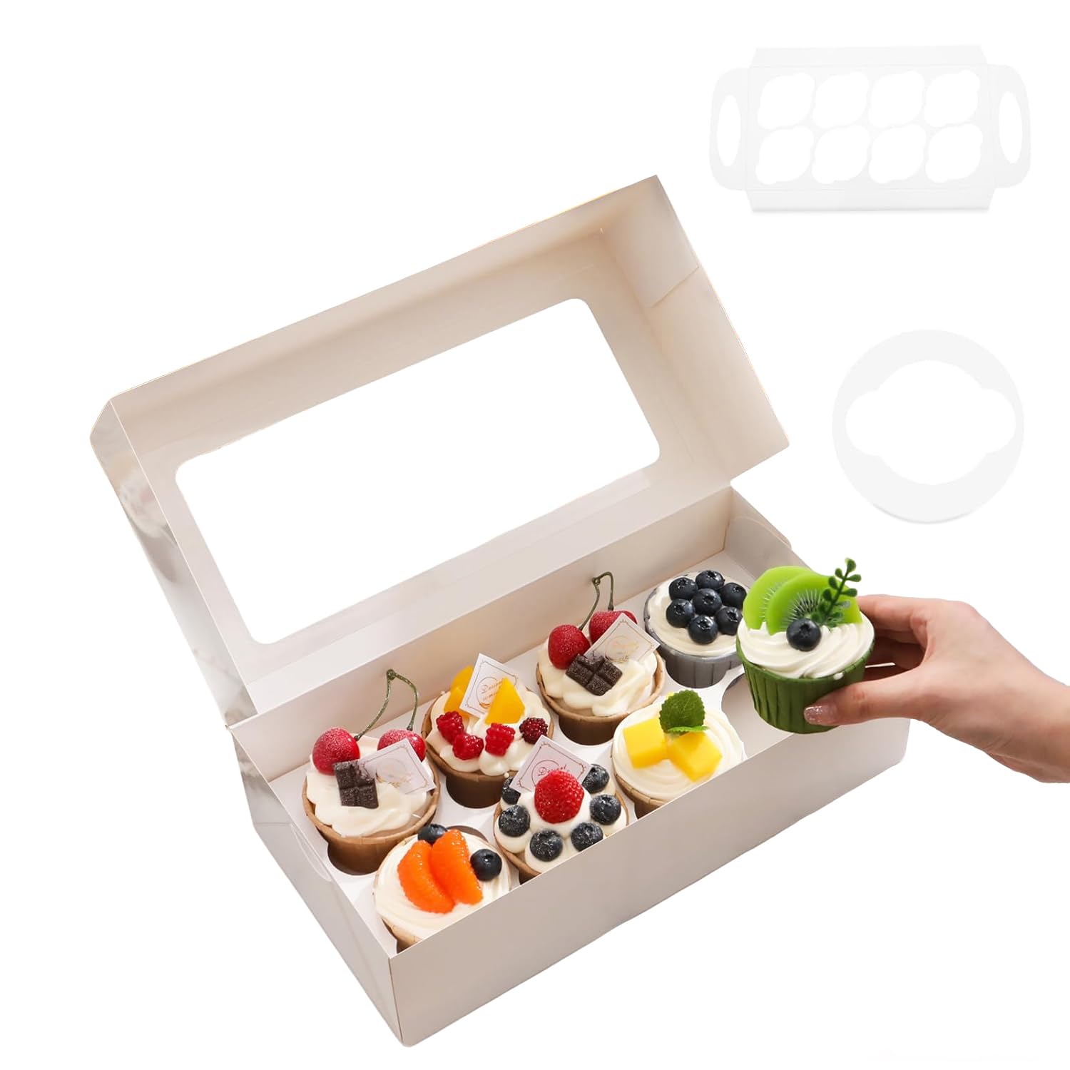BAKIPACK 15 White Cupcake Boxes 8 Count with Window and Inserts, Cupcake Containers, Cupcake Boxes for Cupcakes, Muffins