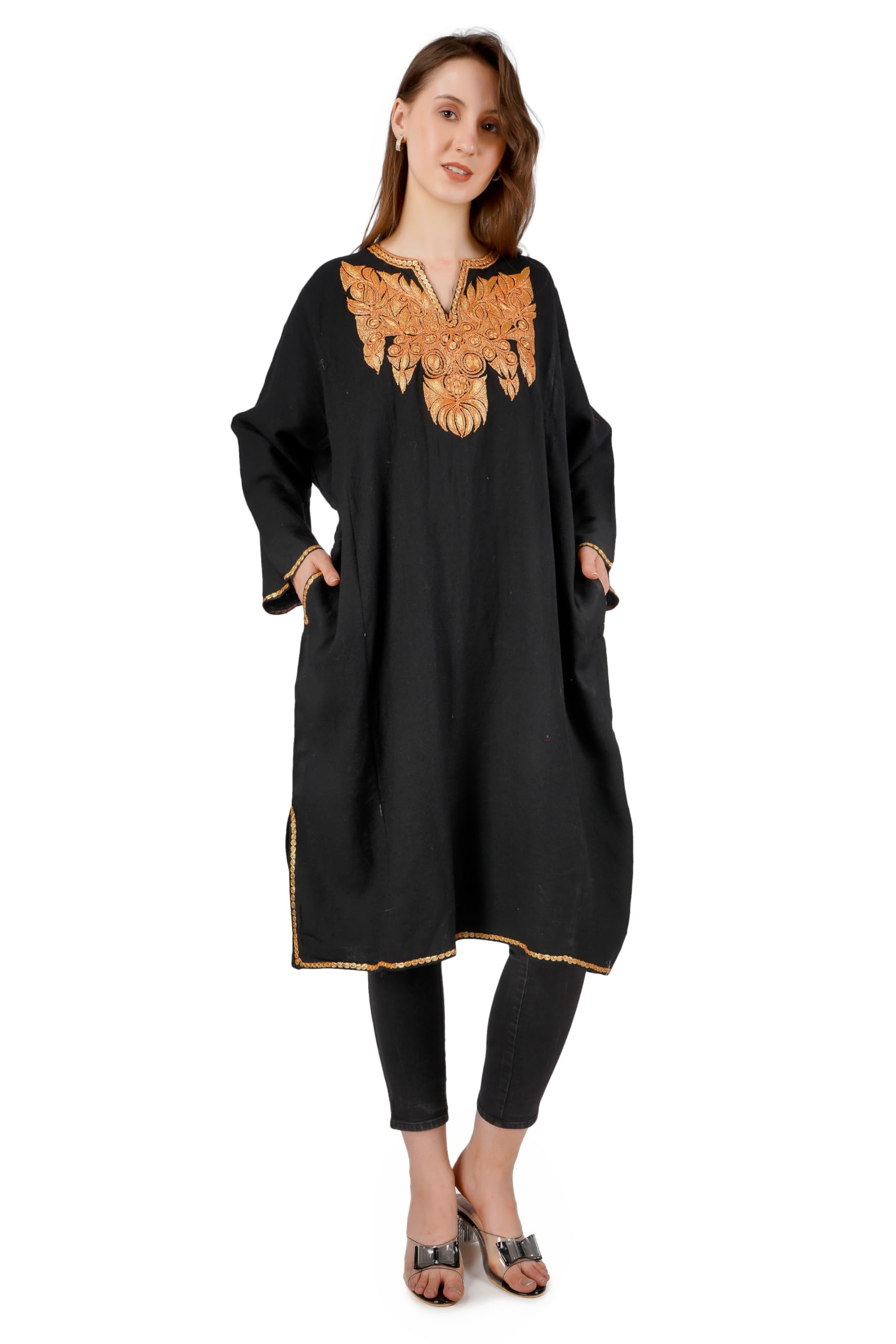 Kashmiri Pheran, Tilla Pheran, Women Tunics, Indian Regular Fit Kurtis, Ethnic Wear, Woollen Pheran, Embroidered Pheran, Traditional Kashmiri Pheran Black-image-43