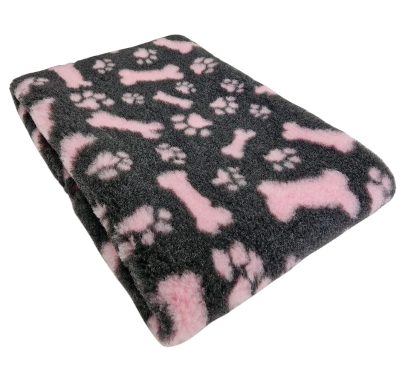 WOOF AND PUP | Non Slip Vet Bedding | Paw & Bone Pattern | Machine Washable | UK Manufactured | Vet Fleece | Non-slip | Dog Bed | Whelping | Vet Bed (Charcoal & Pink, 150cm x 200cm)