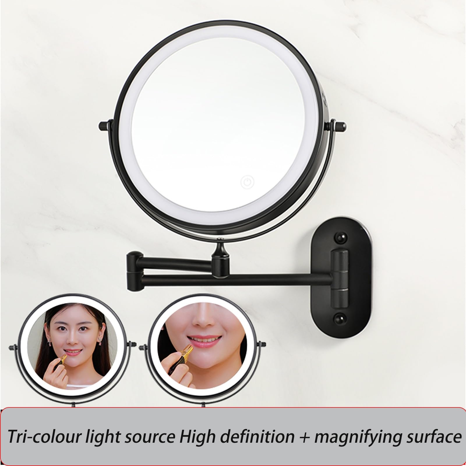 Specchio Da Trucco Illuminato Da Parete Ricaricabile, Doppio Lato Da Specchio Bagno Con Iingrandimento 1x / 3x, Illuminazione A 3 Colori, Regolazione Touch Screen, Braccio Esteso(Noir)