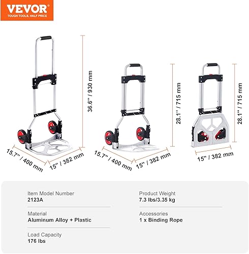 Miniatura 7 de VEVOR Camión de mano plegable, capacidad de carga de 176.4 lbs, carrito portátil de aluminio, carretilla de mano convertible y carrito con mango