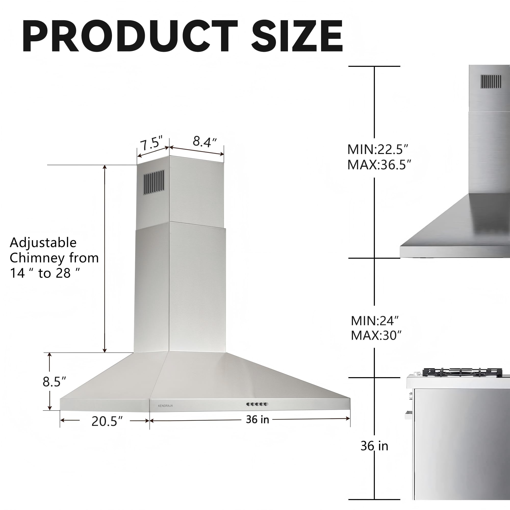 36 Inch Wall Mount Range Hood| 700 CFM Stainless Steel Kitchen Vent Hood| Ducted/Ductless Convertible| 3-Speed Push Button Control| Dishwasher-Safe Filters| LED Strip Light - 2