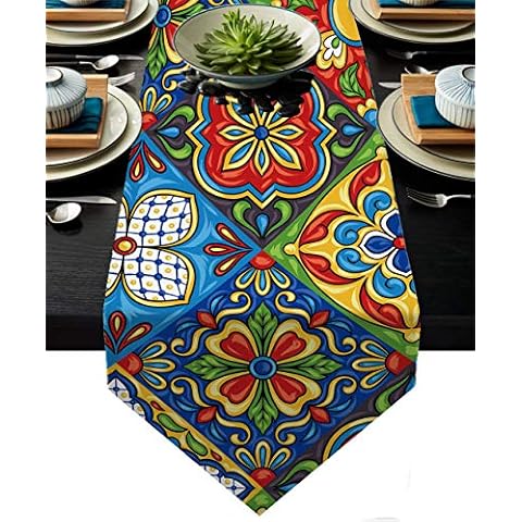 Mexican Talavera Ceramic Tile Pattern Linen Table Runners Dinner Table Setting Dresser Scarves Farmhouse Style for Party Holidays Home Kitchen Decoration (Mexican Talavera, 13"x 71") Cover