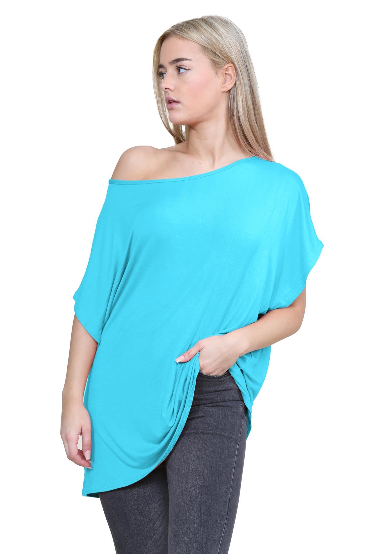 Nouveau Dames Batwing Manche Plaine De Le Épaule Bardot Oversize T-Shirt Mini Top