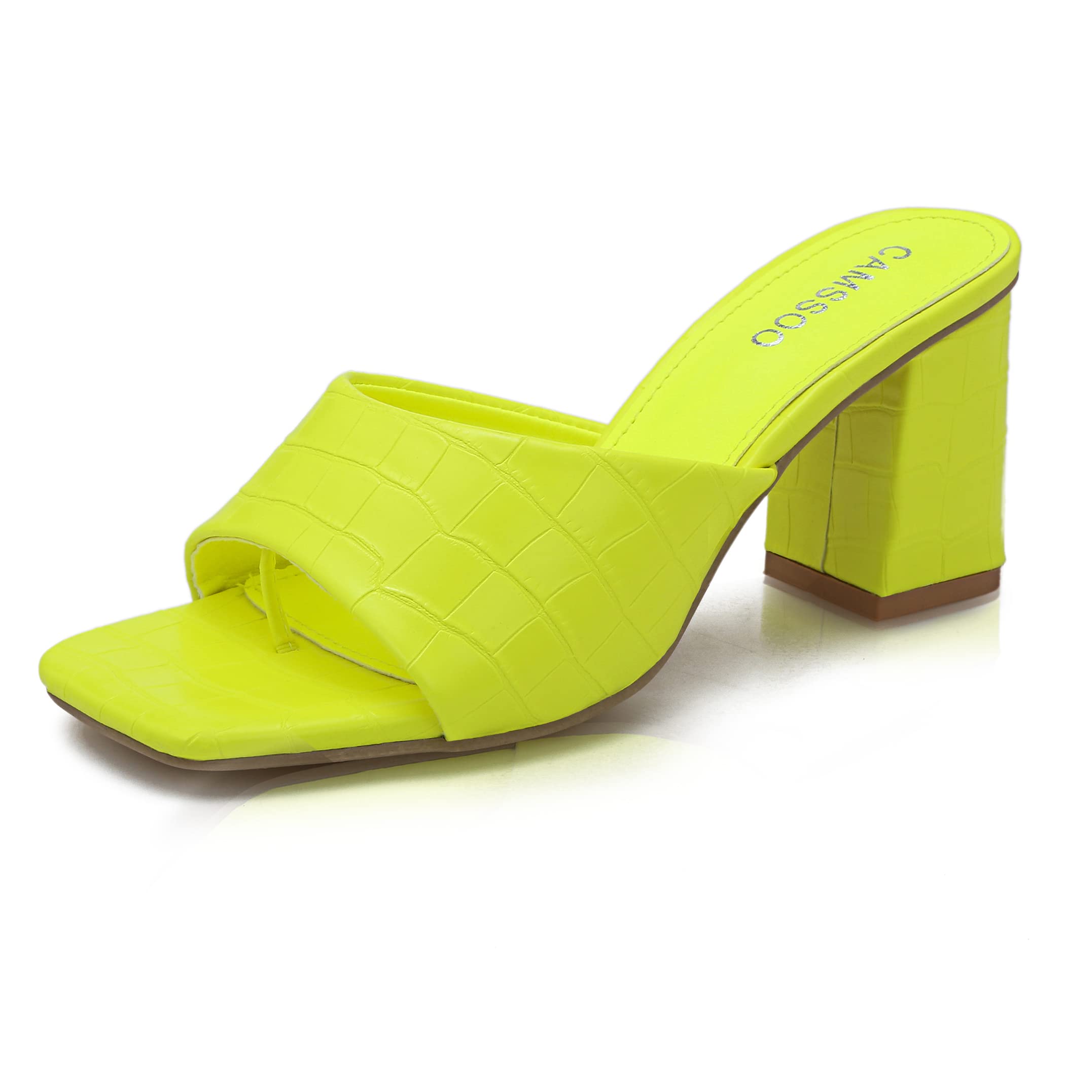 CAMSSOO Women's Square Open Toe Heeled Mules Flip Flops Chunky Heels Slip On Sandals Block High Heel Fashion Wedding Dress Shoes