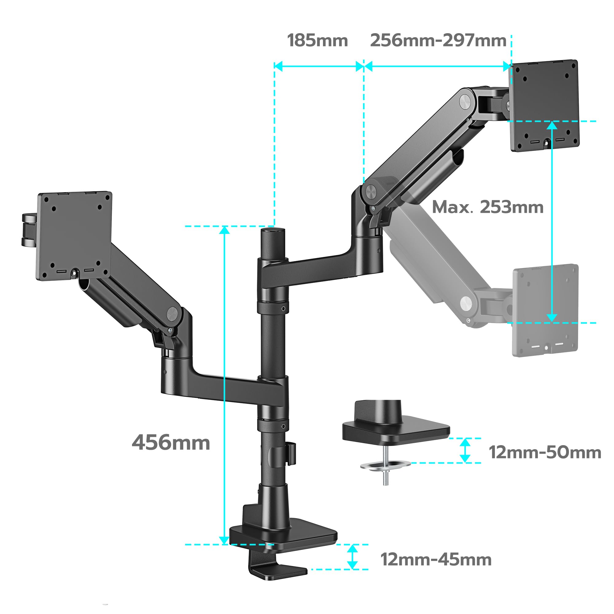 ARES WING Monitor Halterung 2 Monitore für 17-49 Zoll Bildschirme, Bildschirmhalterung Gasfeder，Monitor Arm Tragfähigkeit Max 20 kg/arm, VESA 75/100，Schwarz