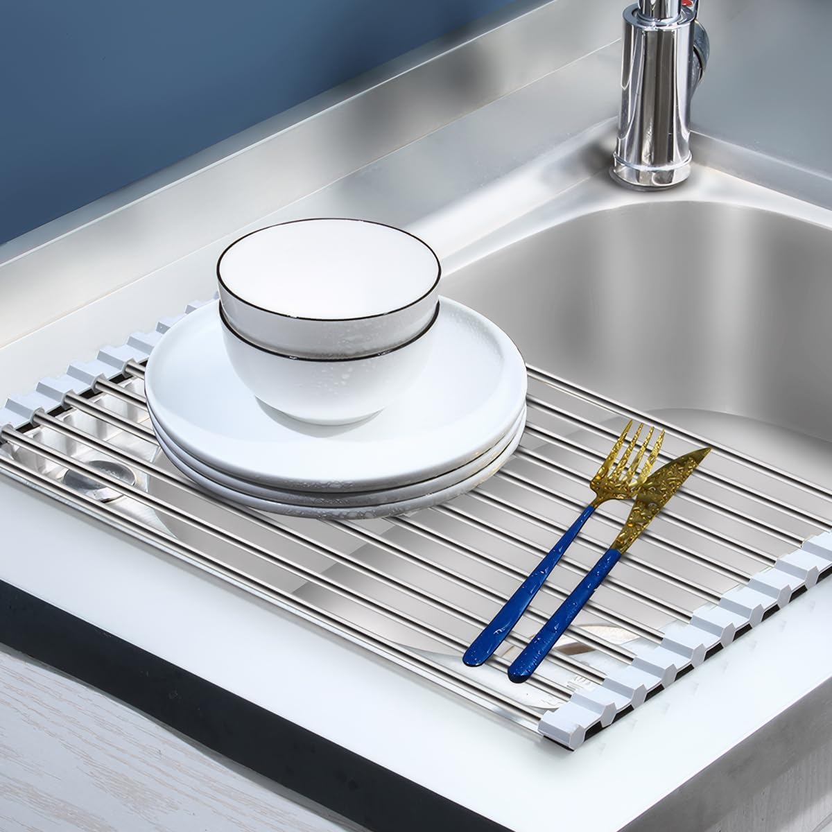 Practical stainless steel draining rack, 1 piece, 2 models, 47 x 36 x 1 cm and 37 x 36 x 1 cm. It is black. Folding and silicone for protection, ideal for the kitchen (m) image 3