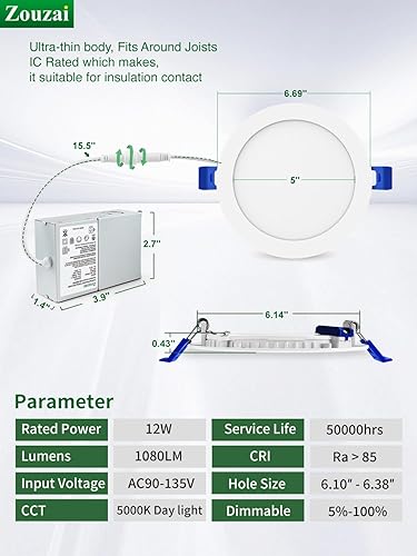 Vista 56 de zouzai - 12 luces LED empotrables ultrafinas de 4 pulgadas 6000K con caja de conexiones, 9 W, 810LM regulable, alto brillo Ra>85, certificado ETL