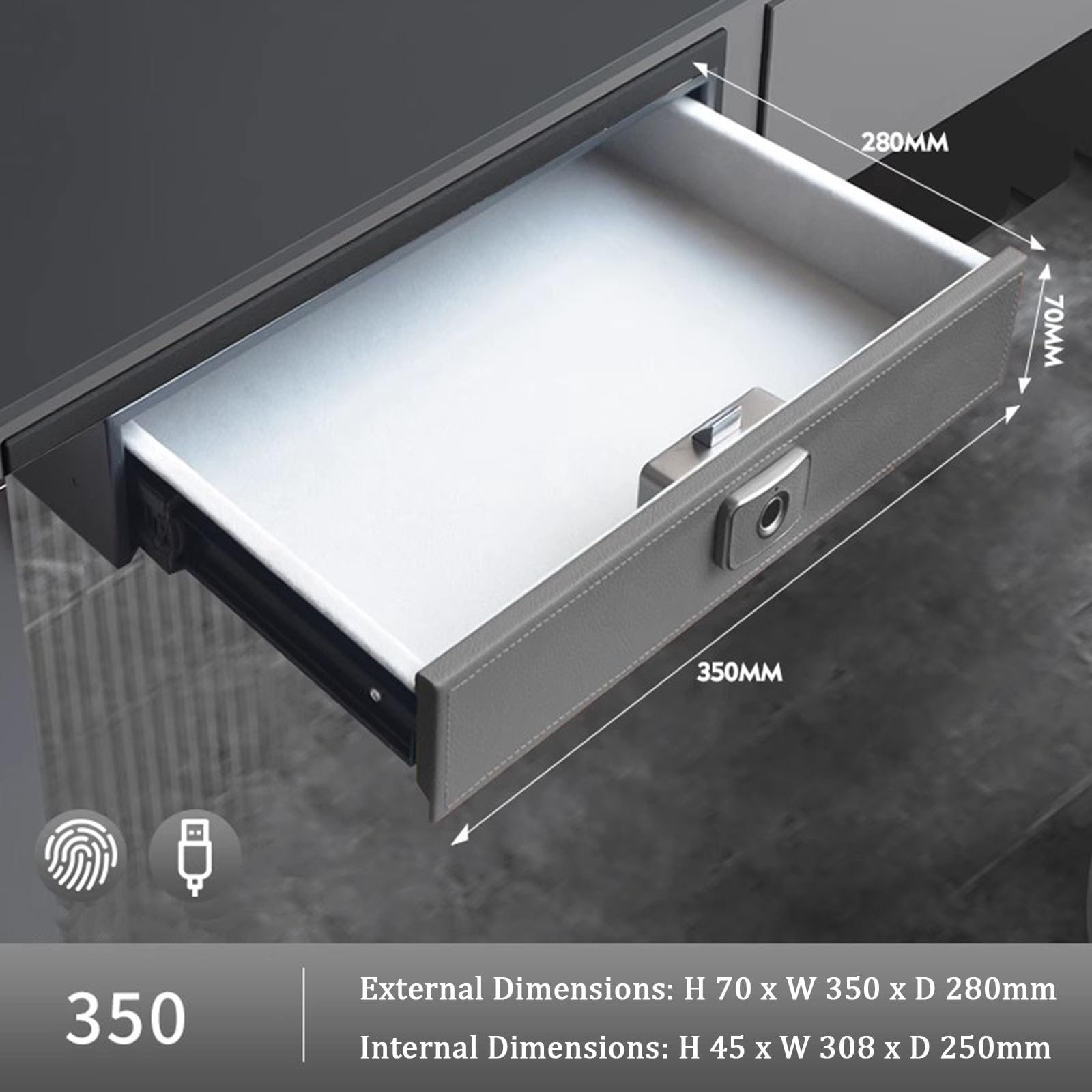 Cassaforte biometrica in Acciaio, Accesso rapido sotto la scrivania, cassaforte Intelligente per riporre Oggetti nascosti in casa, Organizer per Gioielli da Comodino - Grigio - 350 mm