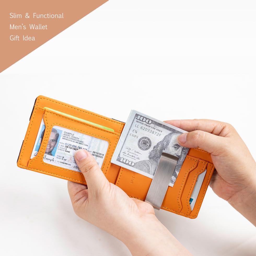 Mens Slim Wallet - Minimalist Front Pocket Bifold Top-Grain Leather Wallets with Money Clip ID Window Credit Card Holders Gifts for Men3