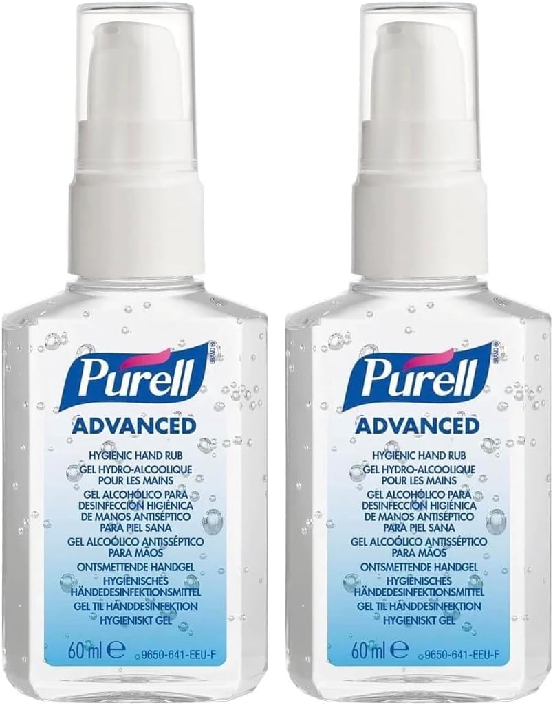 PURELL ADVANCED HAND SANITISER GEL 60mL, Portable Pump Bottle. Hand Sanitizer Gel kill 99.99% of most common germs. 70% alcohol formulation with moisturisers (Pack of 2)