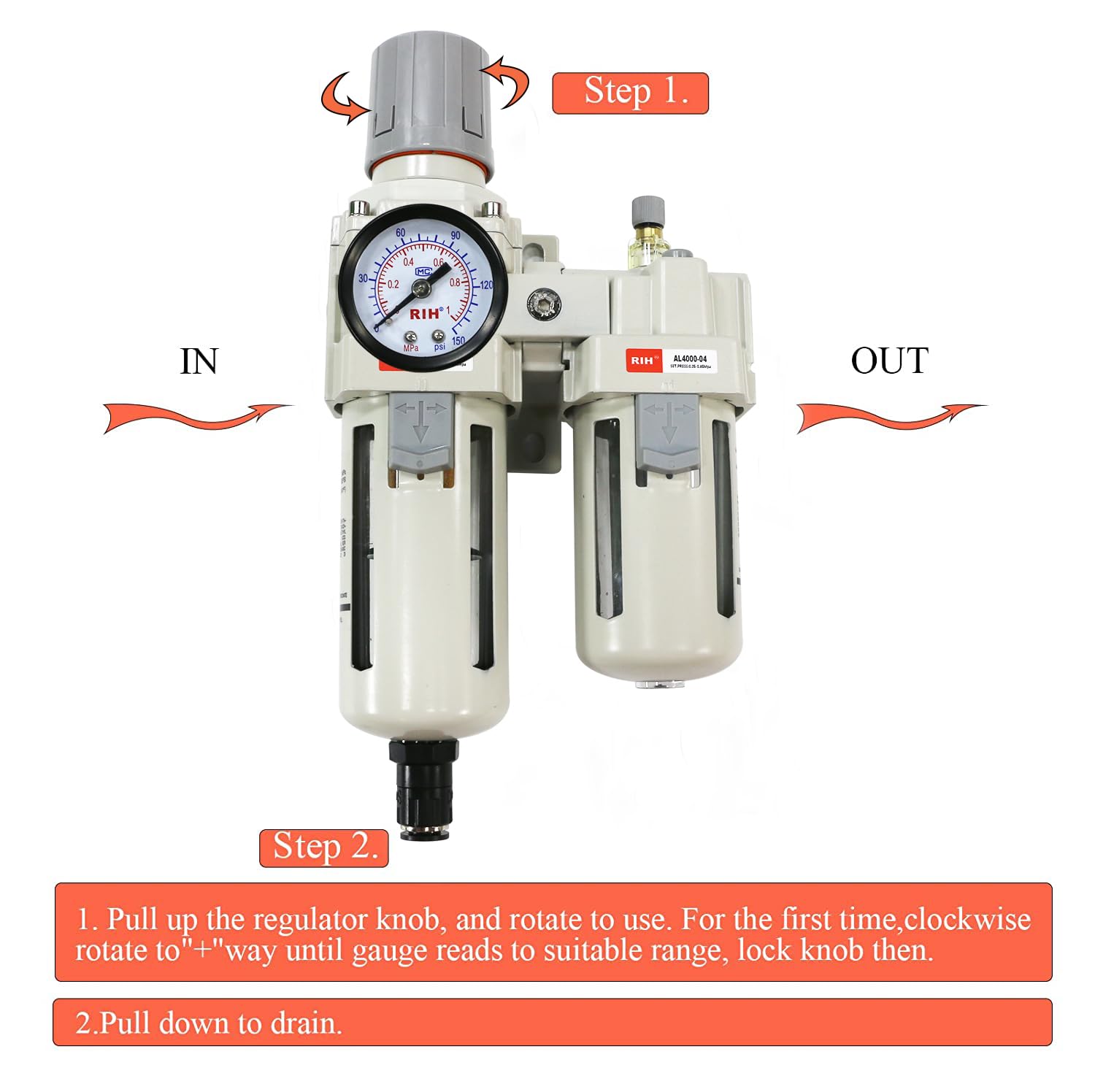 RIH Pneumatics - Regulador de filtro de aire comprimido, lubricador, combo separador de trampas de agua/aceite, calibre (0-150 psi), drenaje semiautomático, cuenco de polietileno, soporte, 3 en 1, dos