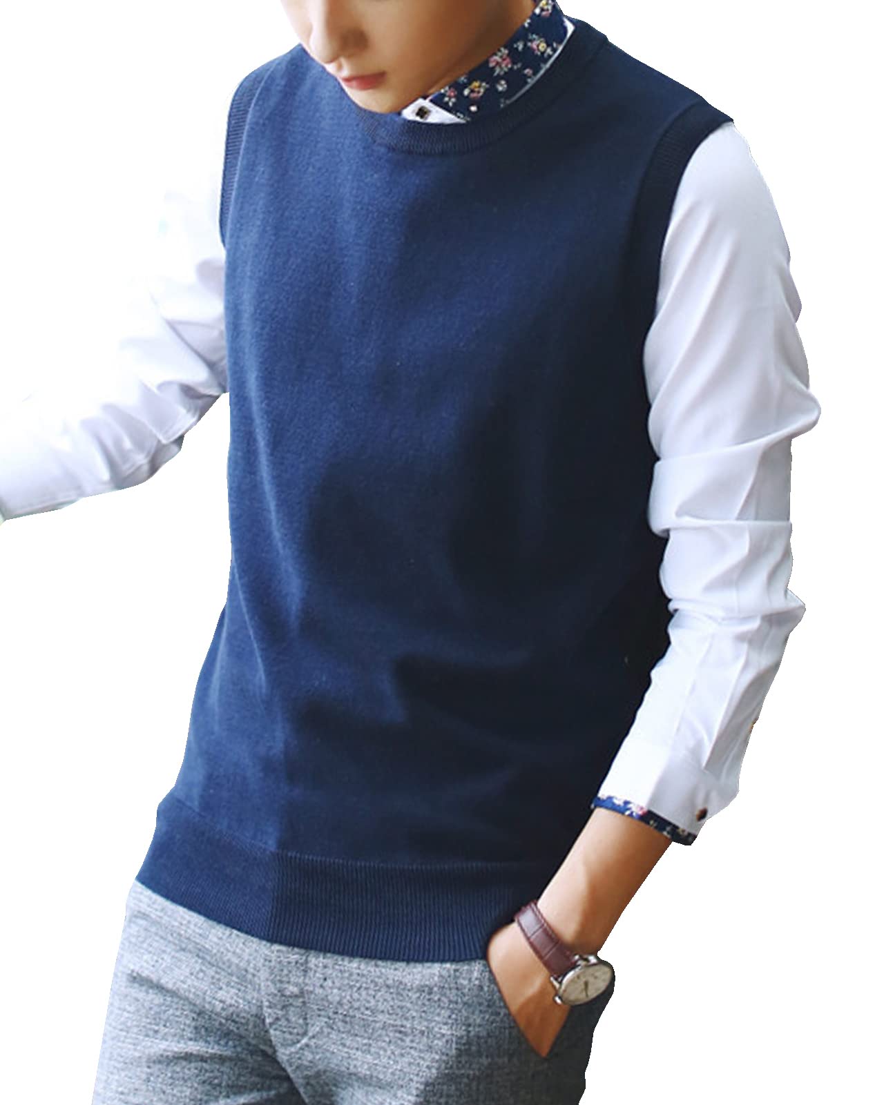Sleeveless Jumper Mens Round Neck Gilet Vest Knitwear Knitted Waistcoat Sweater Tank Tops Sapphire Blue L