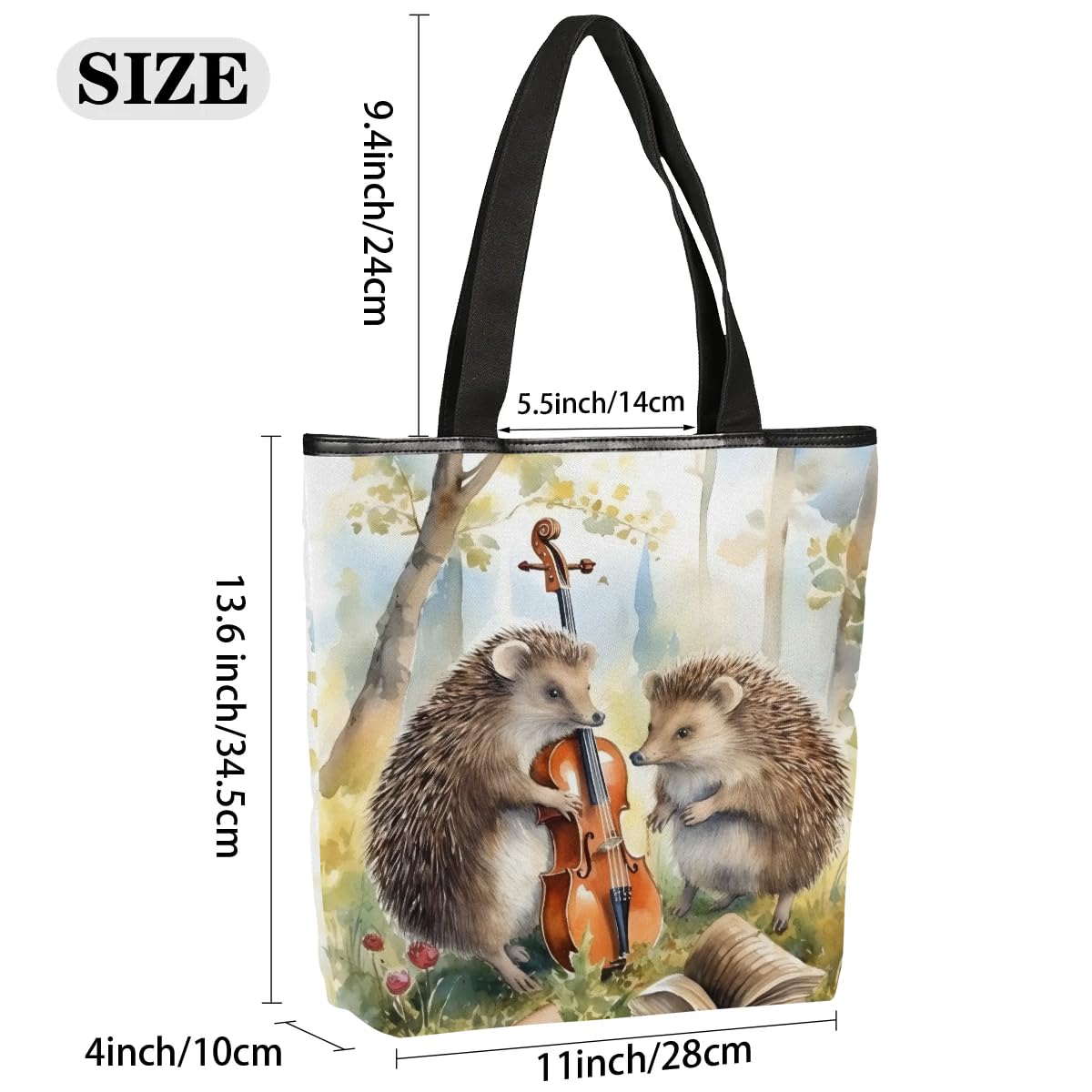 Mularoka Watercolor Hedgehogs Guitar Canvas Tote Bag with Zipper and Pockets Canvas Tote Shopping Bag Women Reusable Grocery Bag for Beach Travel Gym Shopping