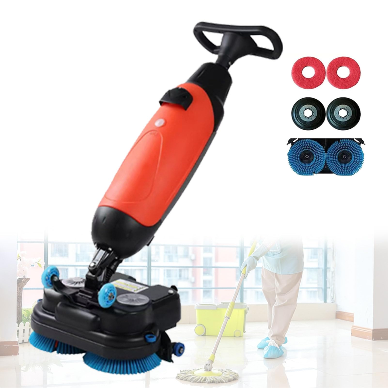 Mini Fregadora De Suelos De Calidad Profesional, Fregadora-Secadora Comercial Compacta con Operador A Pie, con Dos Cepillos Giratorios Y Cabezal Giratorio De 360° Red