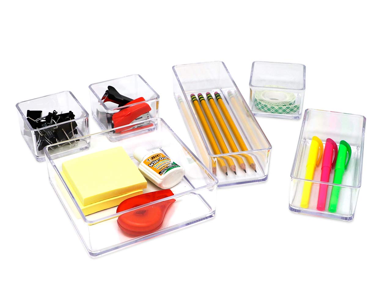Juego organizador de acrílico transparente de 6 bandejas (seis bandejas individuales), multiusos, solución de almacenamiento apilable para maquillaje, manualidades, escritorio, escuela, 7